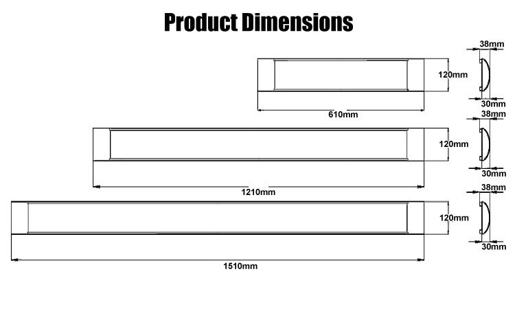 6. Product dimension drawing, wholesale LED best-selling purification lamps of L610W120H30mm, L910W120H30mm, L1210W120H30mm, L1510W120H30mm, voltage 220VAC, 3-year warranty, 30W 40W 50W 60W optional