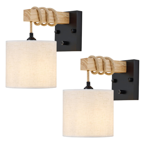  Boho Wall Sconces, Hardwired Farmhouse Fabric Wall Lamps with Wooden Arm & On/Off Dimmable Switch,Rustic Indoor Wall Mount Light Fixtures for Bedroom Nursery Living Room Bathroom