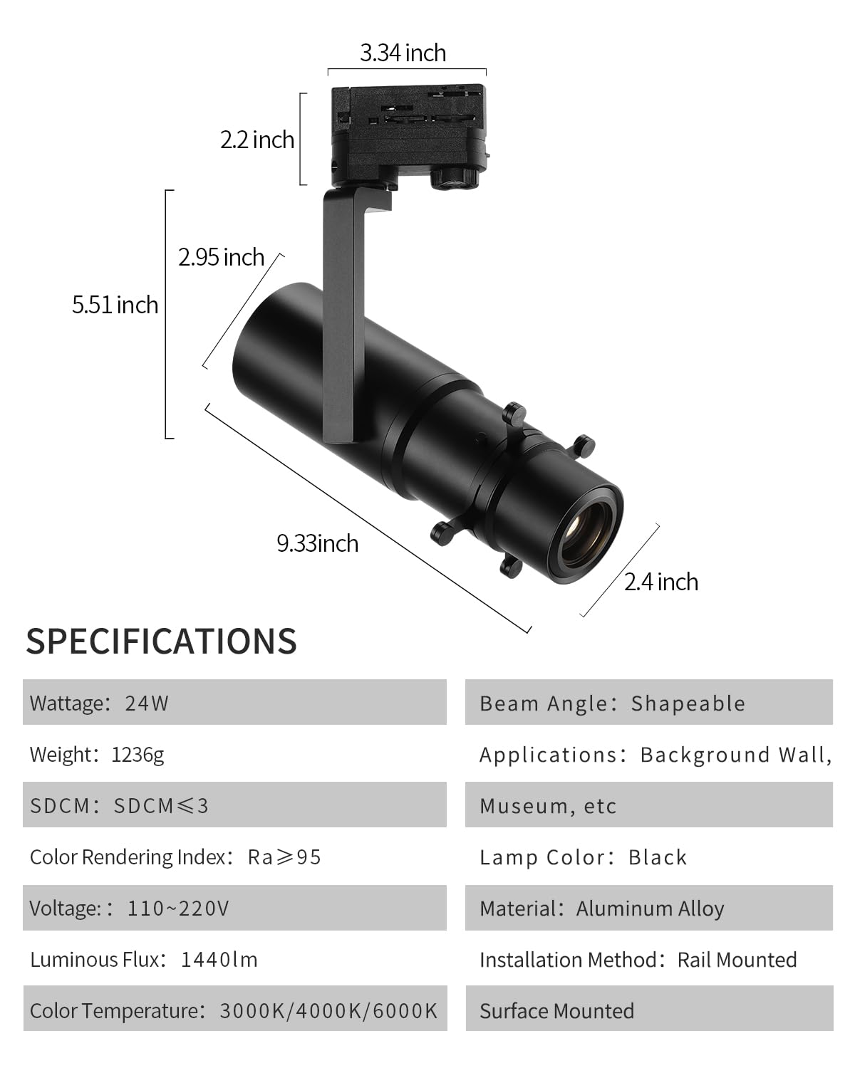 LED Track Light Head, Shapeable Light, Adjustable Directional Aperture Shape for Museum Art Gallery 