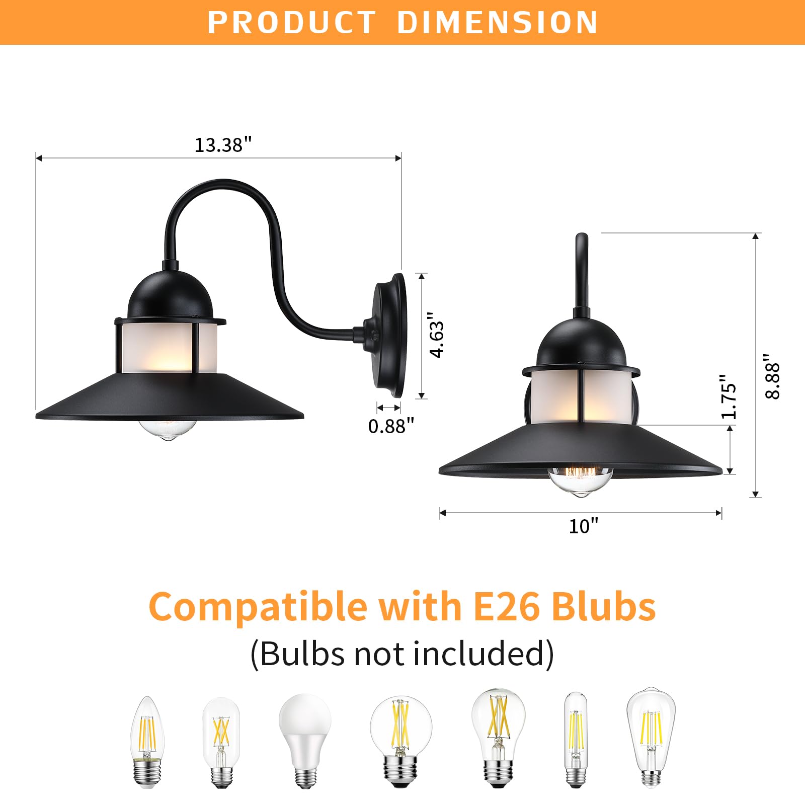 Outdoor Wall Light Fixtures Matte Black Wall Sconces, Farmhouse Barn Lights, E26 Bulb Base, Anti-Rust Waterproof Outdoor Wall Lantern Porch Lights for Entryway, Patio, Garage 