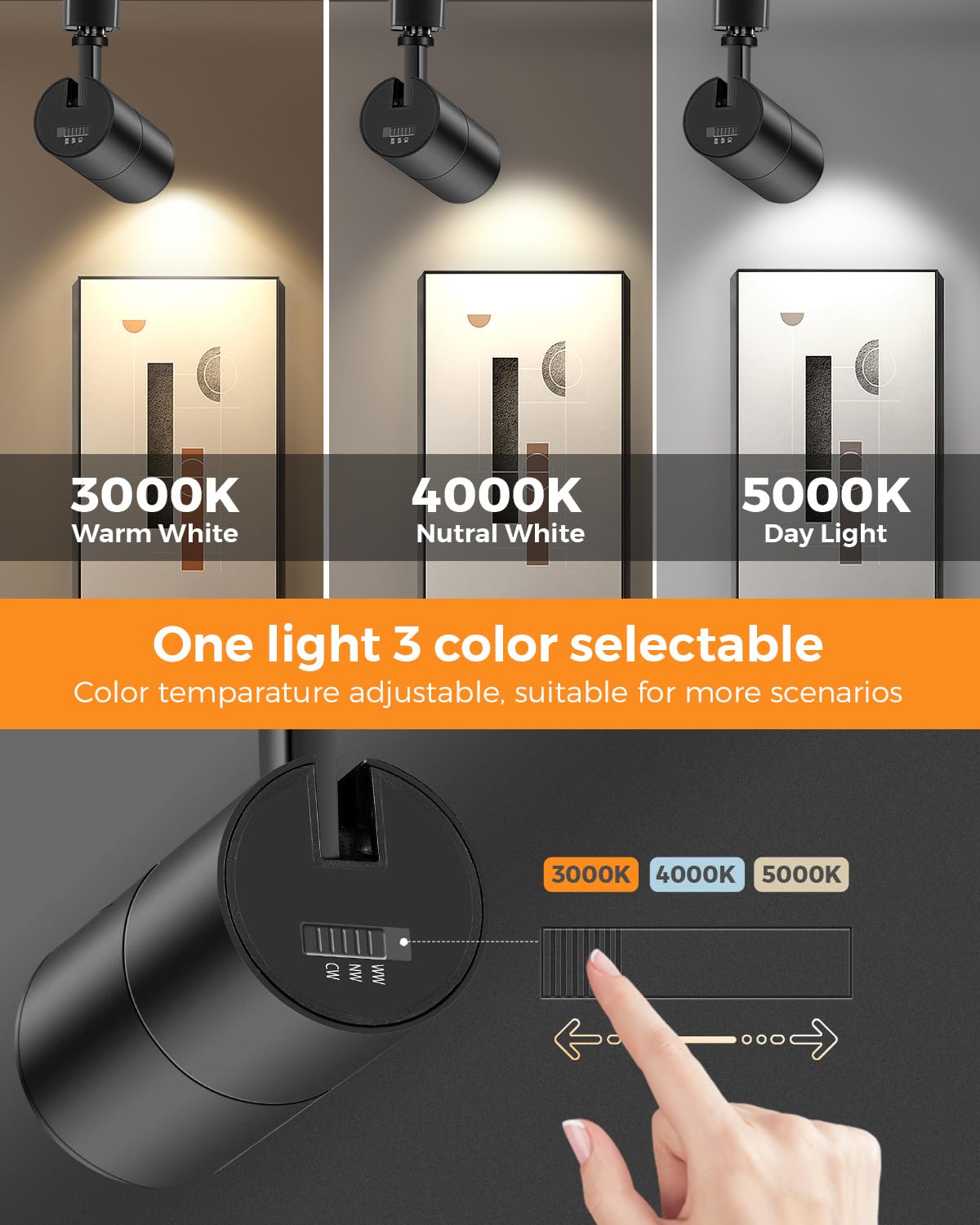 3-Color Zoomable LED Track Lighting Heads H Type Track Light Heads Dimmable Bright Ceiling Spotlight Fixtures, 3000K 4000K 5000K Adjustable, CRI90+ 15°-60° 1000lm