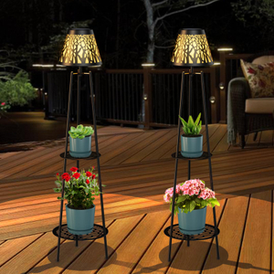 45.5'' Solar Lights with 2 Tier Plant Stand, Metal Solar Floor Lamps, Solar Powered Outdoor Waterproof Lights Flower Shelf for Patio Deck Yard Garden Porch Decor 