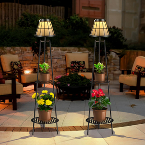 45.5'' Solar Floor Lamps with 2 Tier Plant Stand, Waterproof Metal Solar Powered Outdoor Lights Flower Shelf for Patio Deck Yard Garden Porch Decor 