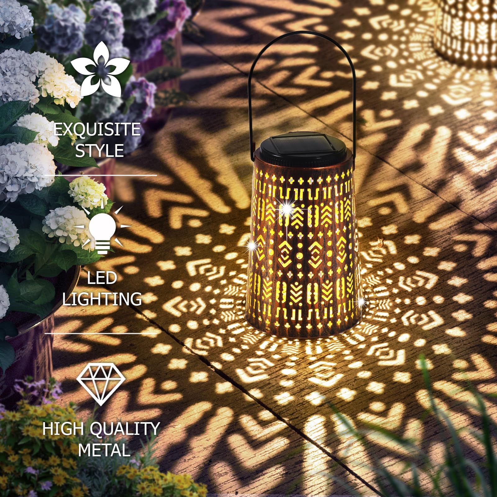 Solar Lanterns Outdoor Waterproof, Hanging Solar Lights for Outside, Moroccan Garden Decor, Christmas Gifts for Women Mom Grandma, Metal LED Lantern for Yard, Patio, Backyard, Porch 
