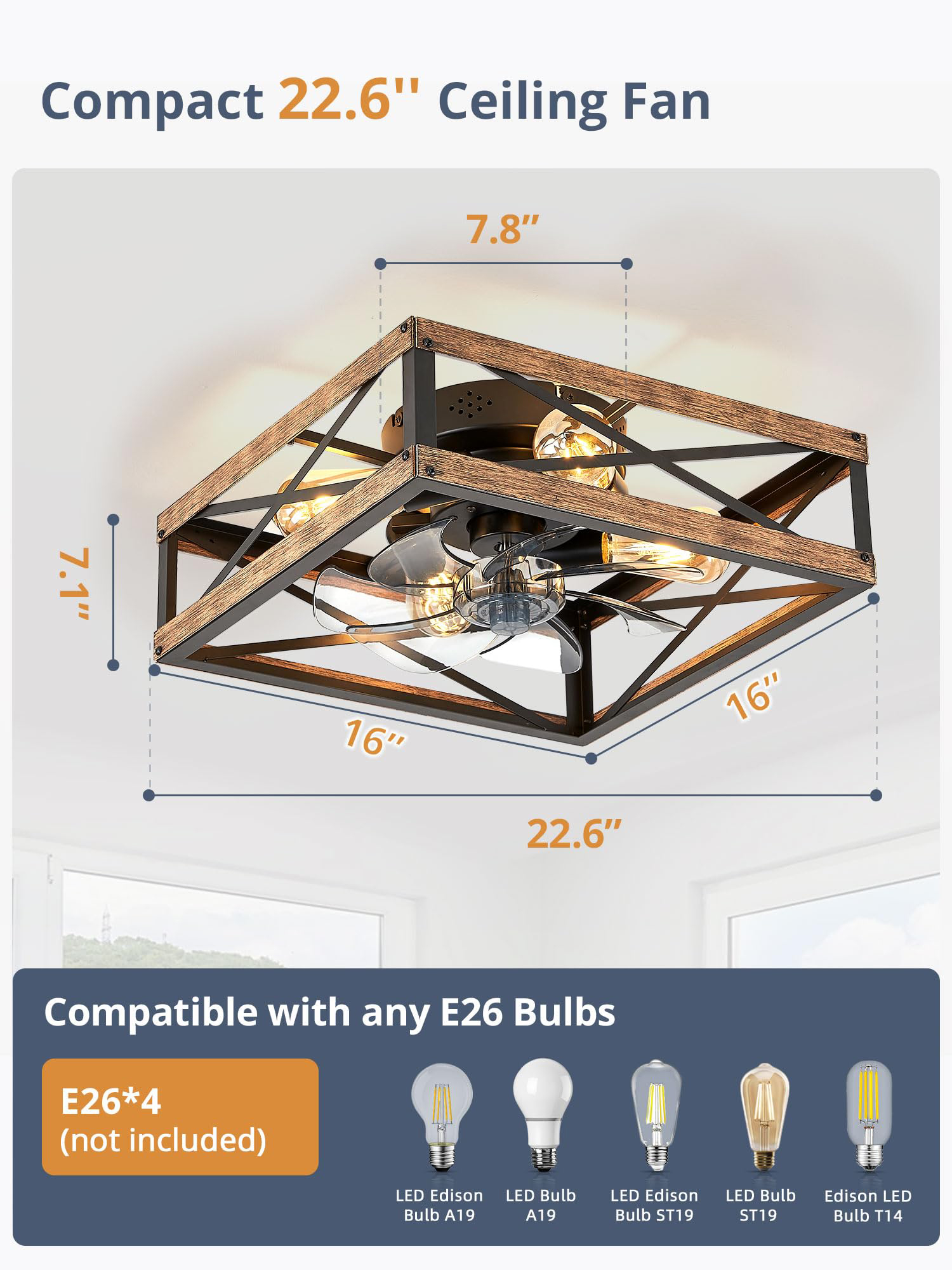 Caged Low Profile Ceiling Fans with Lights and Remote, Rustic Square Flush Mount Ceiling Fan, 6 Speed and Reversible, Small Farmhouse Bladeless Ceiling Fan for Bedroom, Kitchen, Dining Room 