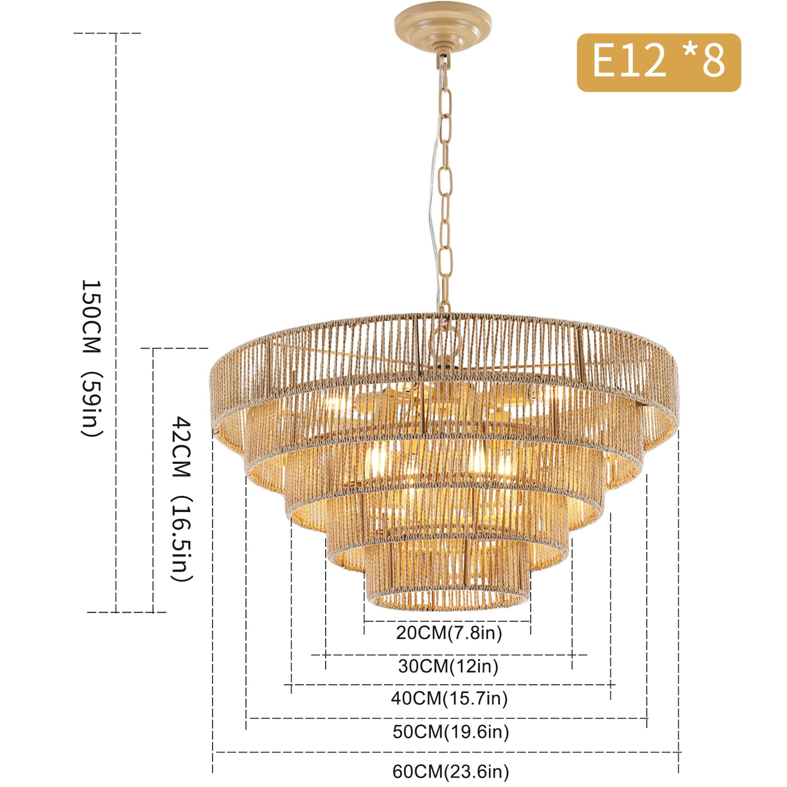 Rattan Pendant Light Boho Large Pendant Light,Wicker Coastal Chandelier for Kitchen Island,Living Room,Dining Room Light Fixtures Over Table E12 Base,Chain Adjustable 