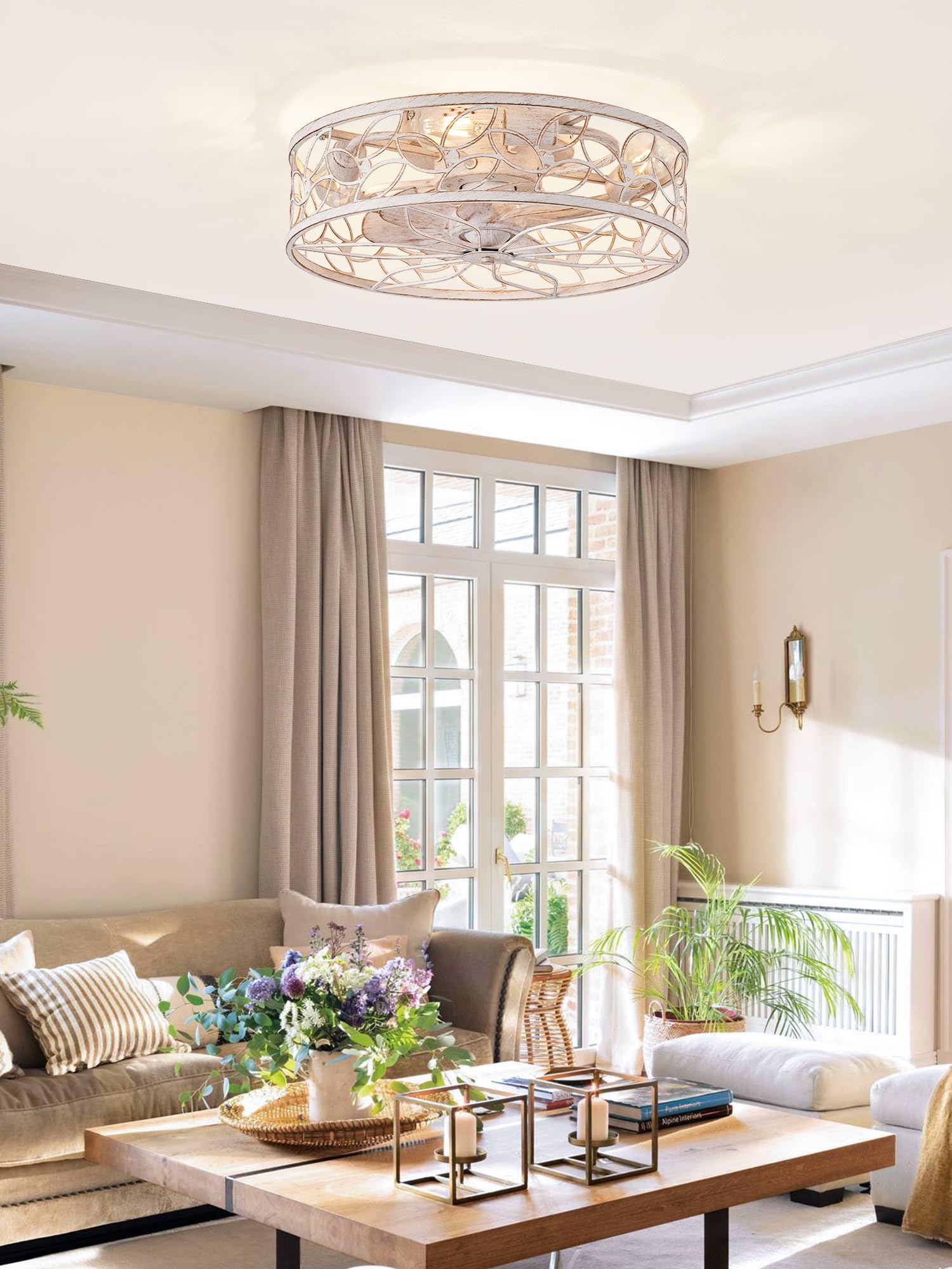 Caged Ceiling Fans with Lights, Farmhouse Flush Mount Ceiling Fan with Remote, Low Profile Ceiling Fan Light Fixture for Bedroom, Kitchen, Dining Room