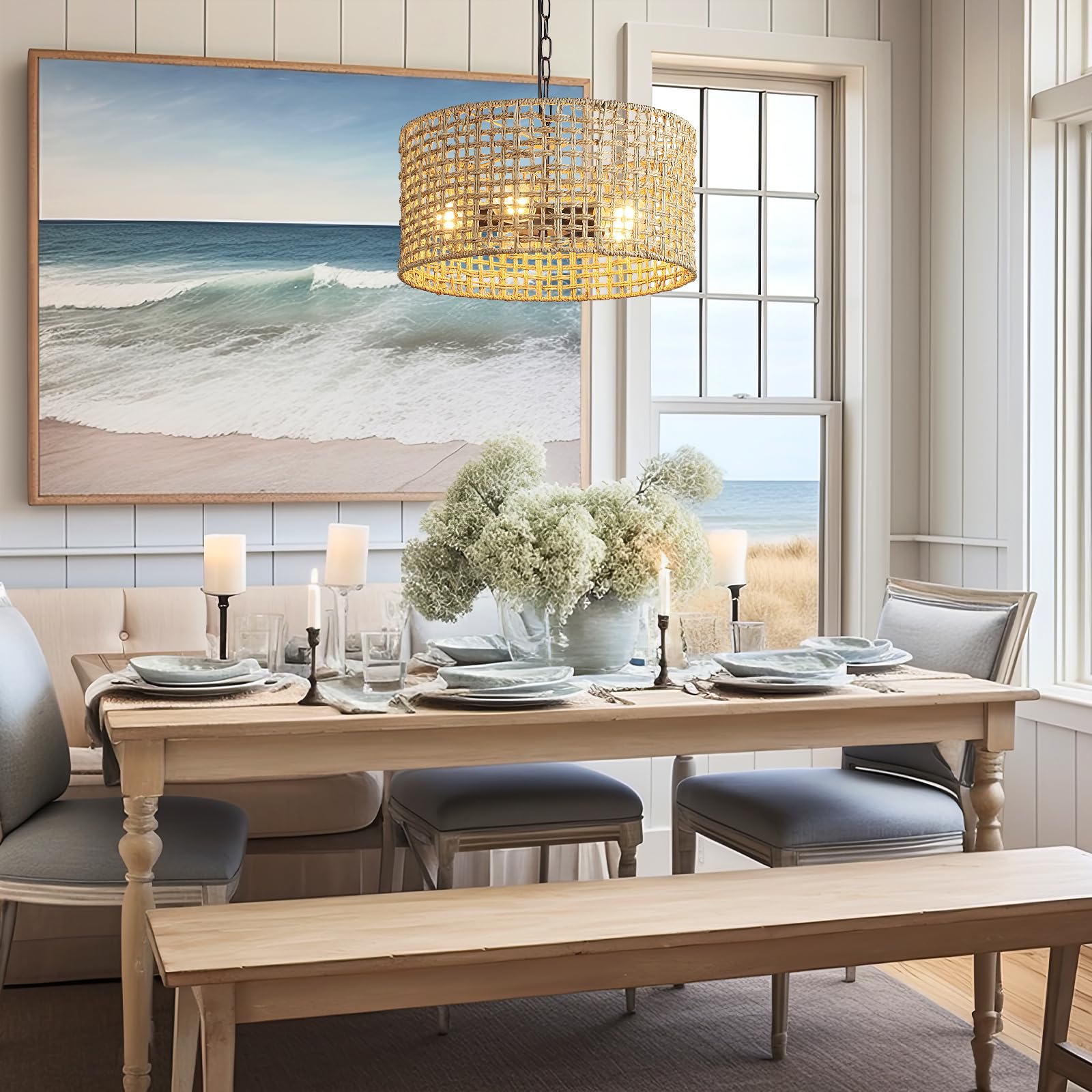 17.7" Rattan Dining Room Light fixtures, 5-Light Hand Woven Pendant Lights Kitchen Island Rattan Boho Chandelier Bohemian Hanging Ceiling Lights Wicker Lighting for Restaurants Living Room 