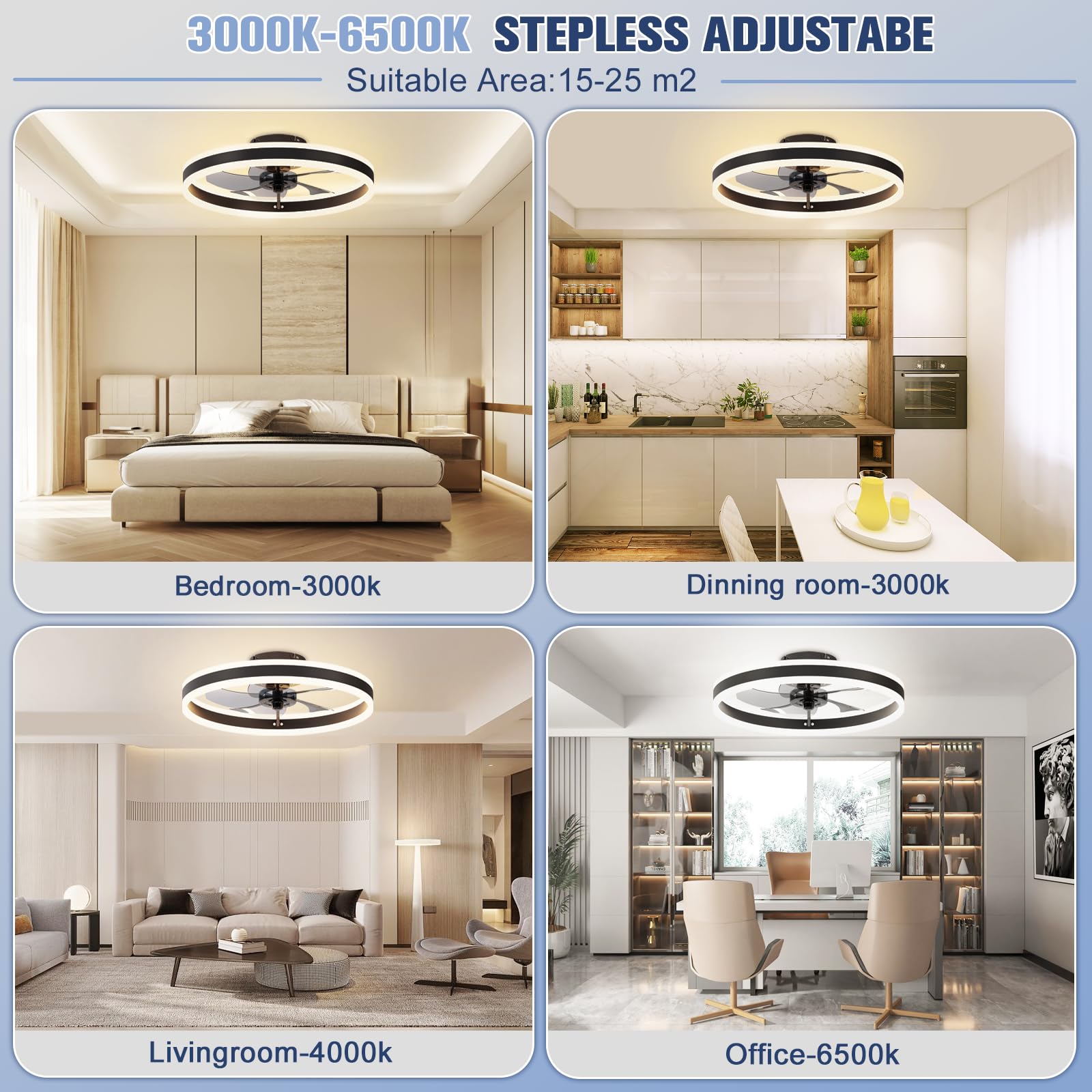 Low Profile Ceiling Fans with Lights and Remote, Flush Mount Ceiling Fans with Light, 3000K-6500K Dimmable Fandelier LED Fan Light, White Bladeless Ceiling Fans with Lights for Bedroom 