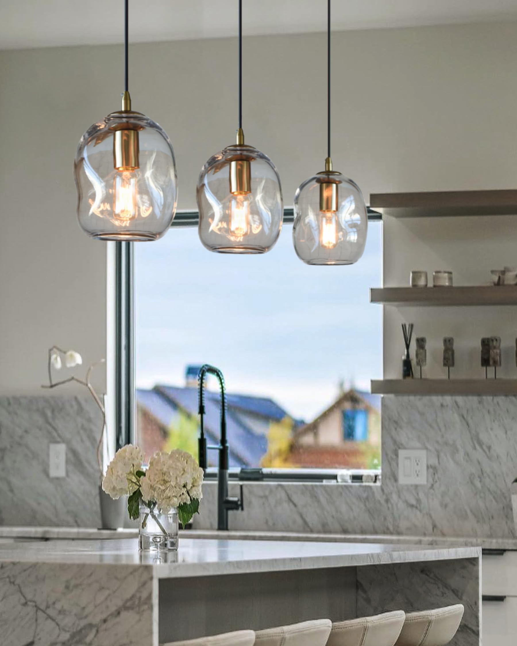 Pendant Lights Kitchen Island Modern Clear Glass Organic Globe Gold Kit Ceiling Hanging Light Fixtures Bar Counter Porch Patio Over Sink Dining RoomTable 7.6 Inch Height 