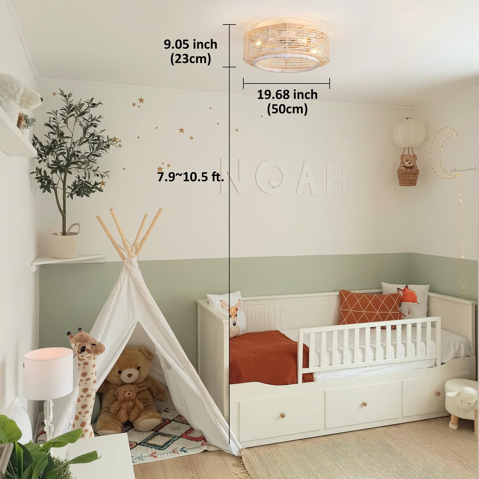 20 Inch Boho Rattan Ceiling Fan with Light,Flush Mount Ceiling Fan with Light and Remote Control,Enclosed 6-Speed Reversible Motor for Bedroom, Kitchen, Dining Room 