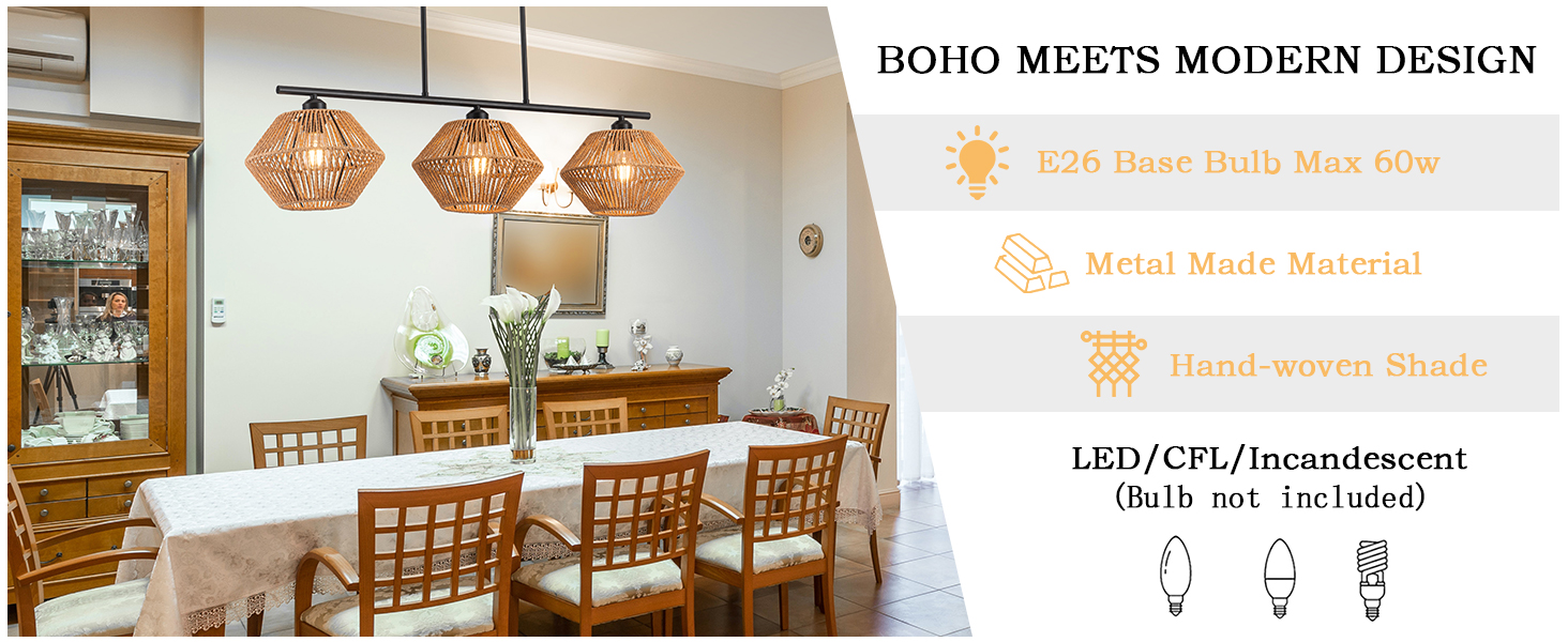 3-Light Rattan Chandeliers for Dining Room (3)