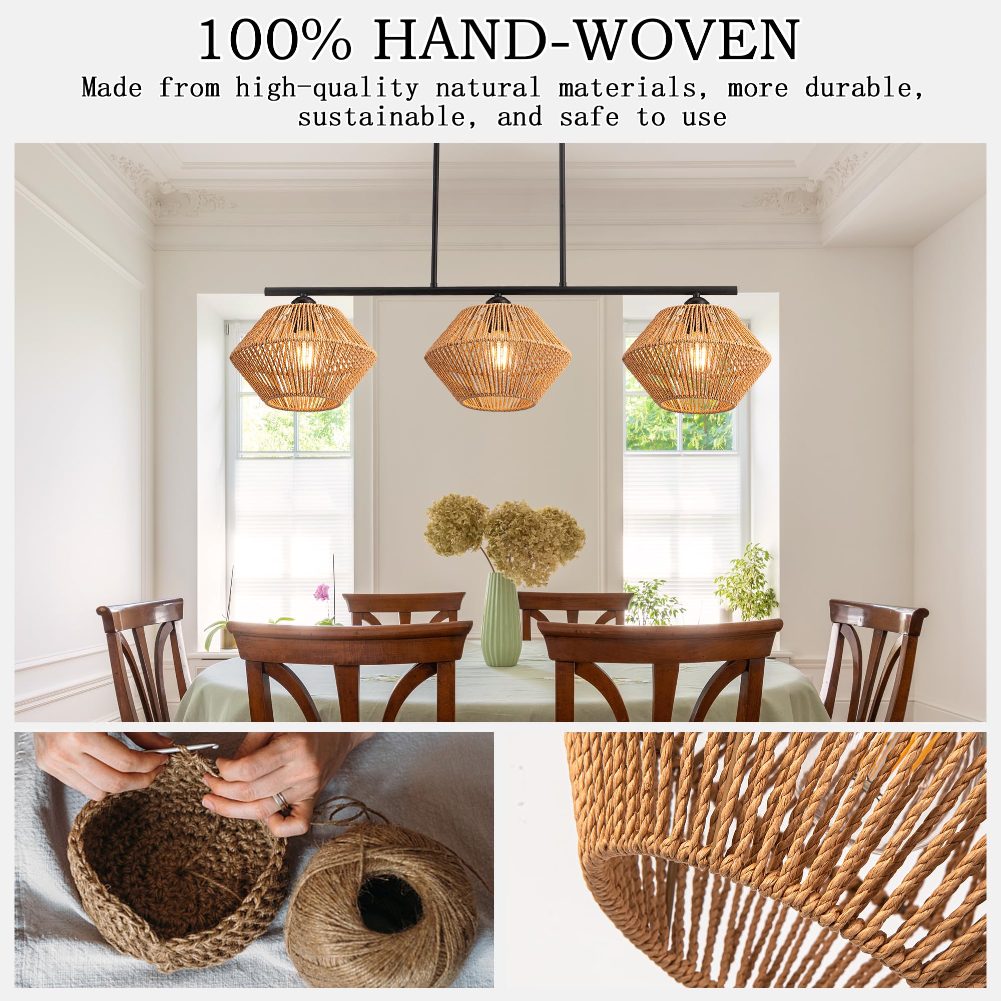 3-Light Rattan Chandeliers for Dining Room, Boho Light Fixture with Hand-Worked Woven Cage Lampshade, Farmhouse Kitchen Island Lighting Fixtures for Dining Room, Living Room 
