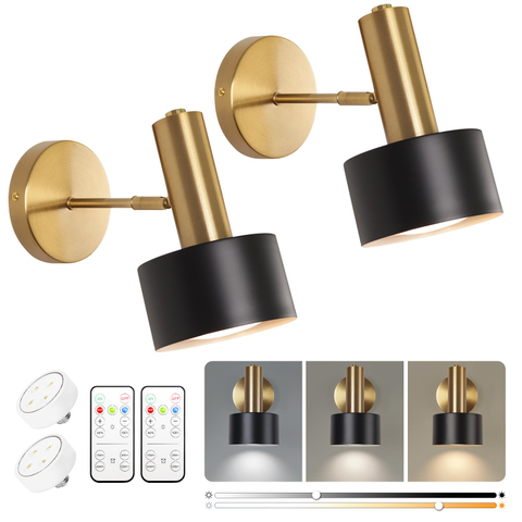 Battery Operated Wall Lights, Wireless Battery Powered Wall Sconce, Modern Metal Indoor Wall Lamp, Dimmable with Remote, Suitable for Living Room Bedroom Golden-Like Brass Finish