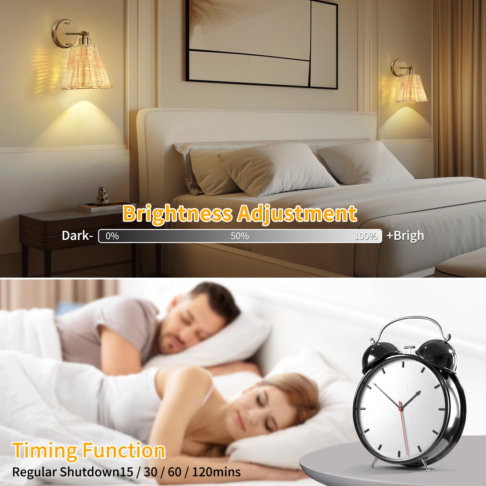 Rattan Rechargeable Battery Operated Wall Sconces Set of Two with Remote, 3 Colors Dimmable Wireless Wall Light, 5200mAh Indoor Wall Lamp with 4 Timer, Boho Sconces Wall Lighting for Bedroo