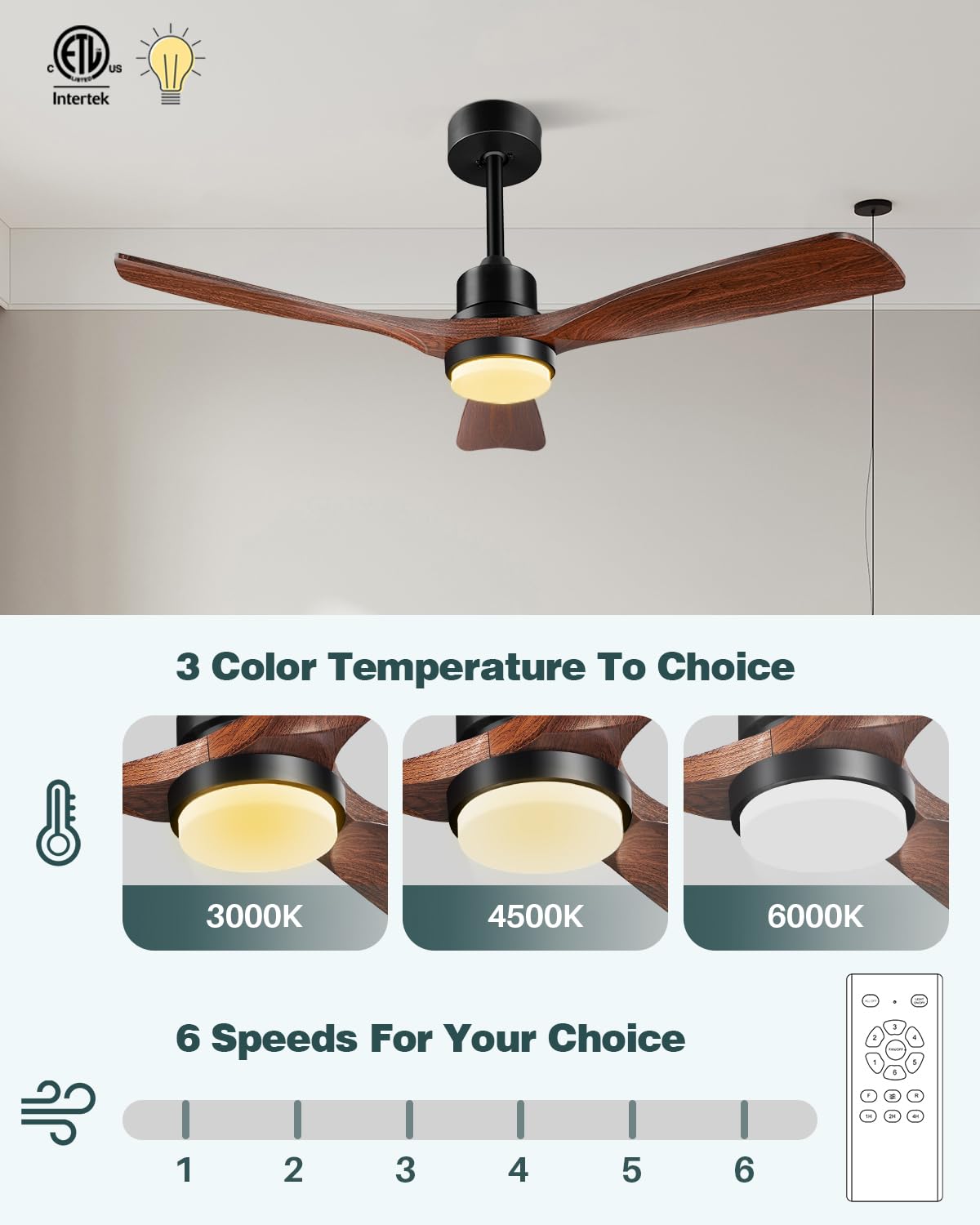 Ceiling Fans with Lights and Remote, Outdoor Ceiling Fan for Patios with Light 3 Downrods, 3 Blades Modern Ceiling Fan Noiseless Reversible DC Motor, Wood Fan for Farmhouse 