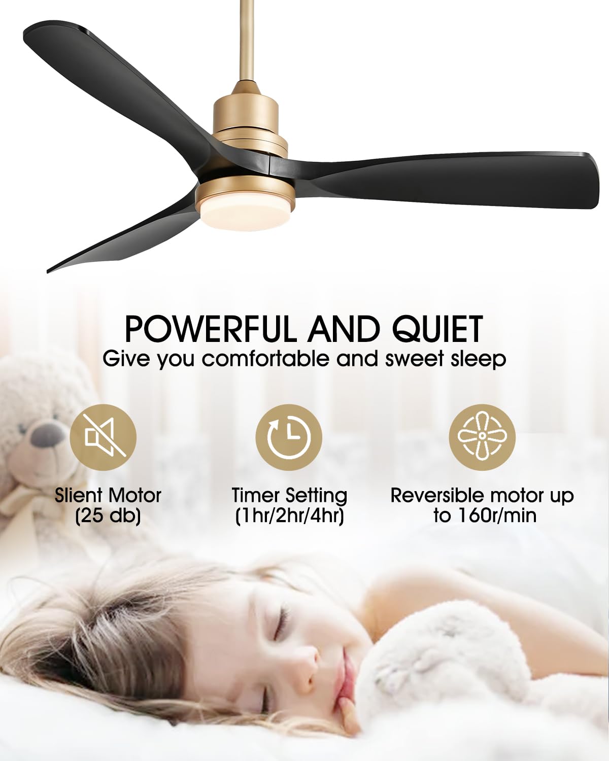 Modern Black and Gold Ceiling Fan with Lights and Remote, ETL Listed, 3 Downrods, 3 Blade Gold Black Ceiling Fans, Reversible Quiet DC Motor, 3 Timer for Outdoor Patio Waterproof Bedroom 