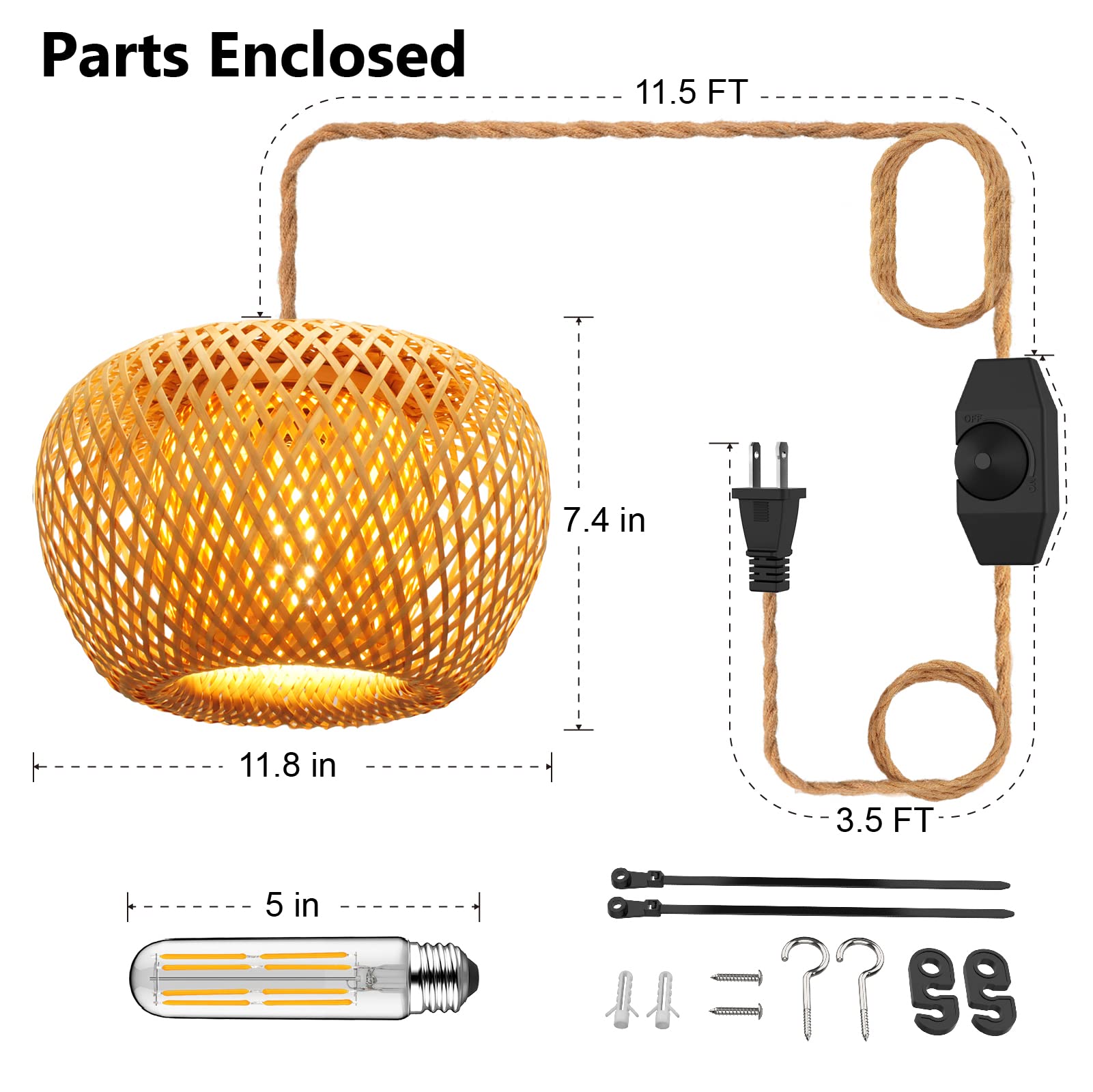 Plug in Pendant Light Fixture with Hand Woven Bamboo Lamp Shade Dimmer Switch Hanging Lights with Plug in Cord Boho Wicker Rattan Hanging Lamp for Living Dinning Room Bedroom Kitchen Island 