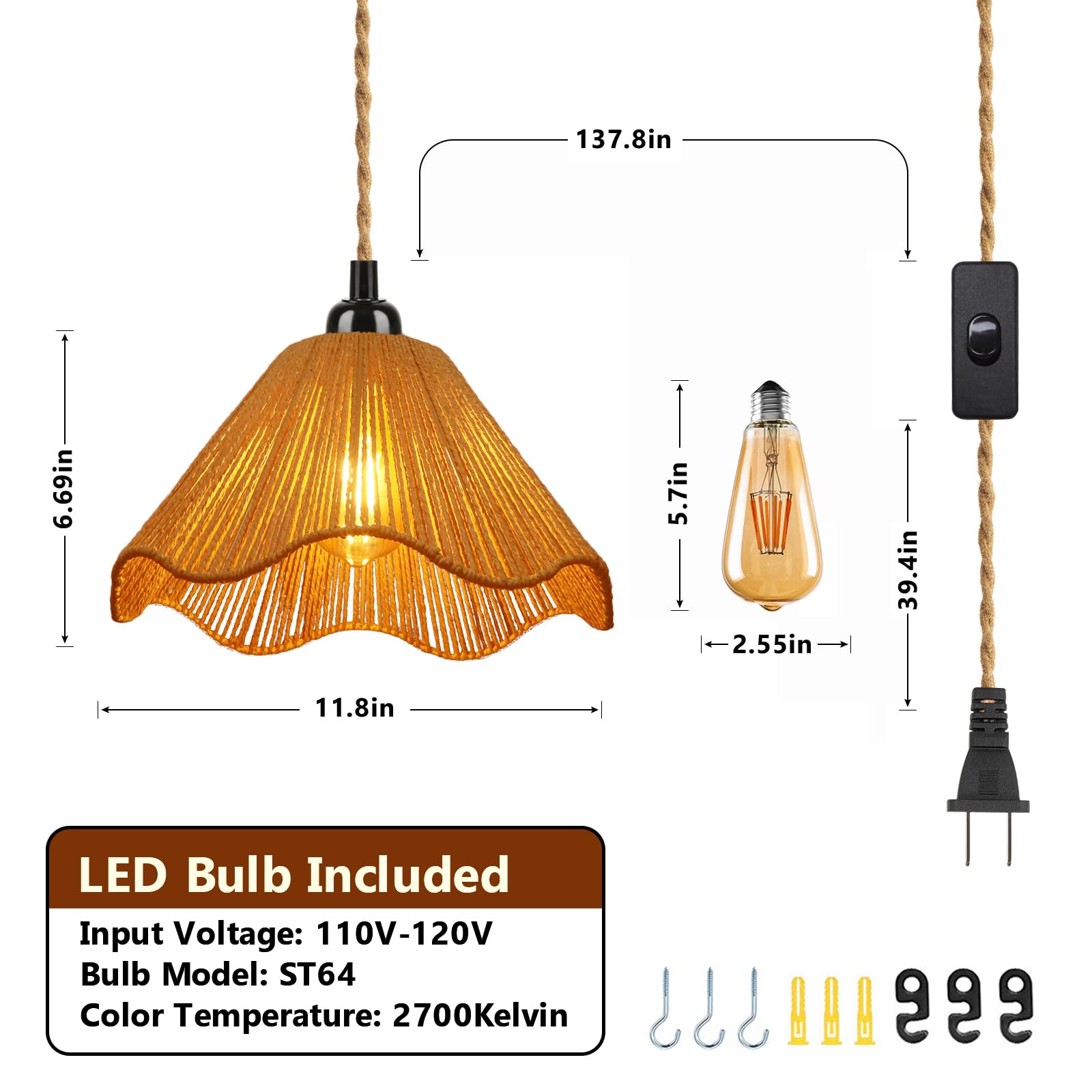 Plug in Pendant Light, Rattan Hanging Lights with Plug in Cord 15FT Cord On/Off Switch Vintage Hanging Lamp, Hand Woven Boho Chandelier for Bedroom, Living Room, Kitchen