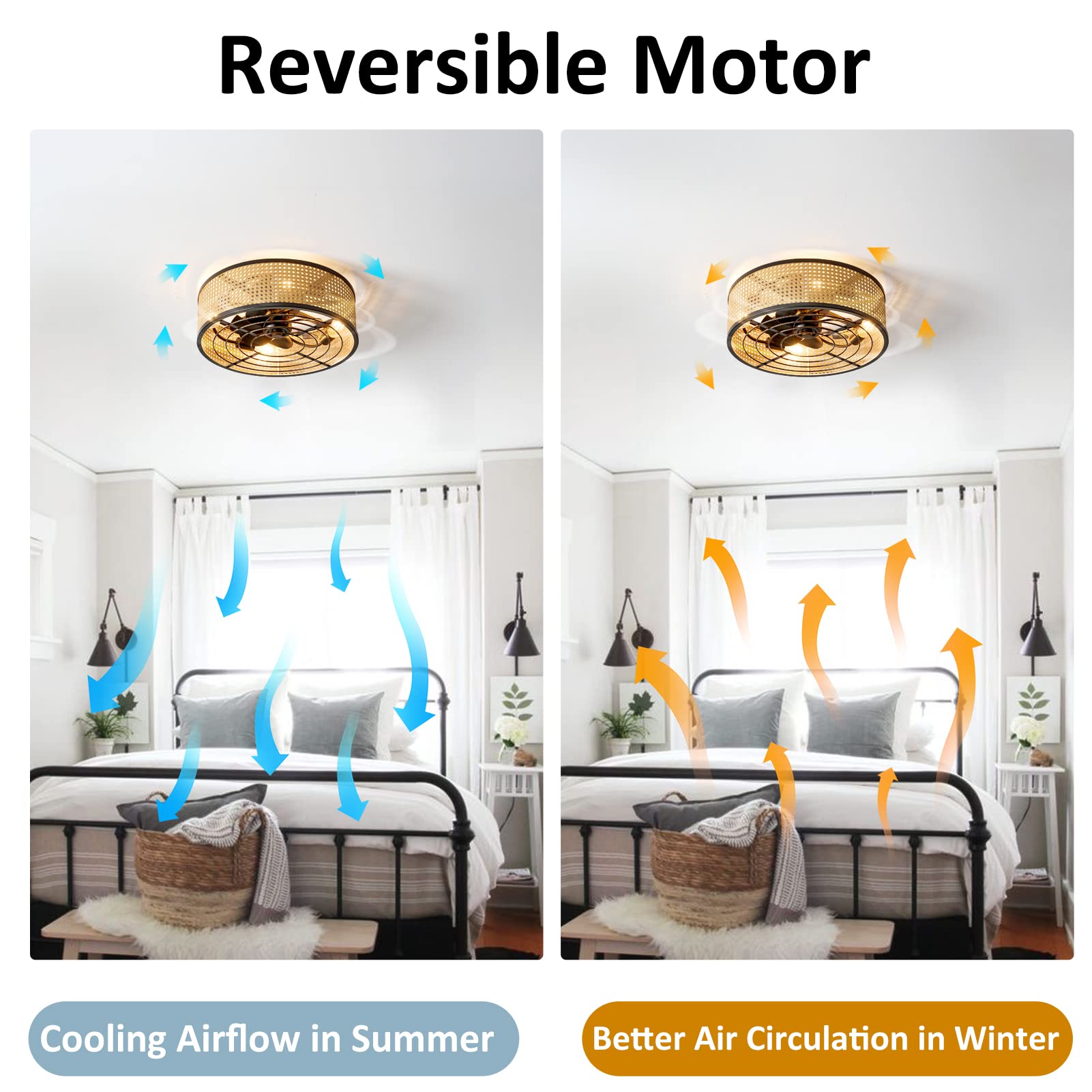 Rattan Boho Ceiling Fan with Light Flush Mount, 20 Inch Caged Ceiling Fans with Light and Remote Control, Low Profile Enclosed 6 Speeds for Bedroom Kitchen Living Room 