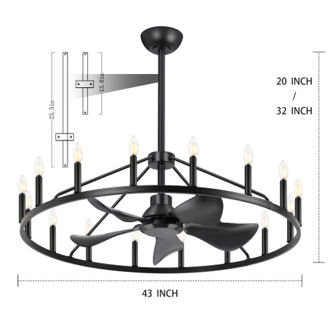 43" Wagon Wheel Ceiling Fan with 16-Lights, Adjustable Height Farmhouse Fandelier Chandelier for Living Room, E12 Bulb Compatible, Perfect for Summer Cooling and Winter Air Circulation 