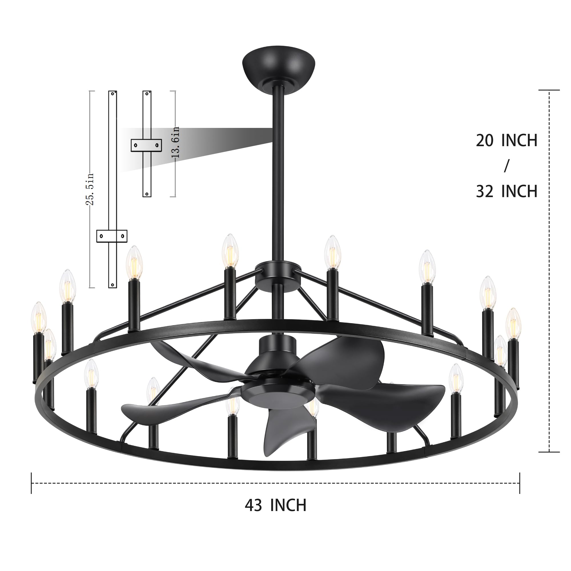 43" Wagon Wheel Ceiling Fan with 16-Lights, Adjustable Height Farmhouse Fandelier Chandelier for Living Room, E12 Bulb Compatible, Perfect for Summer Cooling and Winter Air Circulation 