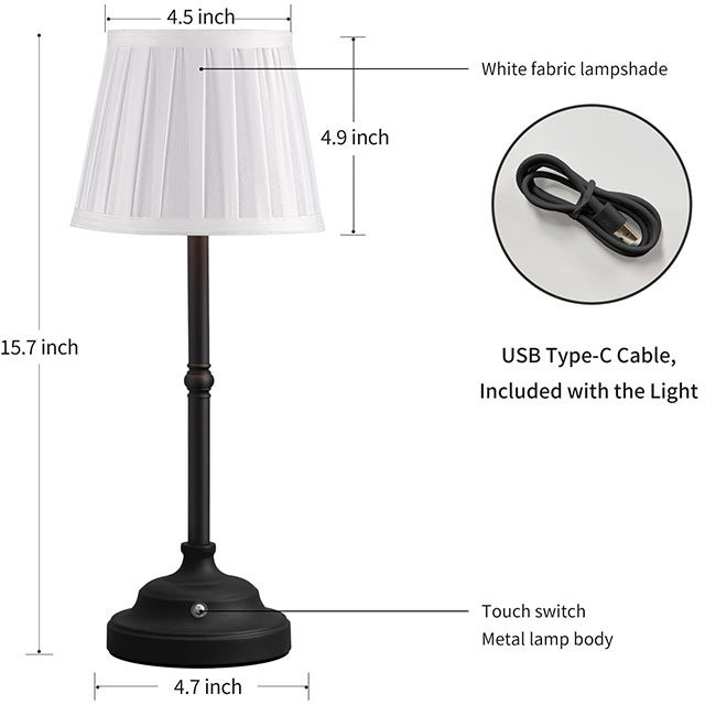 Portables Cordless Table Lamp, Fabric Shade Desk Lamp, Rechargeable Battery Powered Lighting, Dimmable Light for Dining Room, Bedroom, Bedside, Bar, Night Light, Camping, Balcony