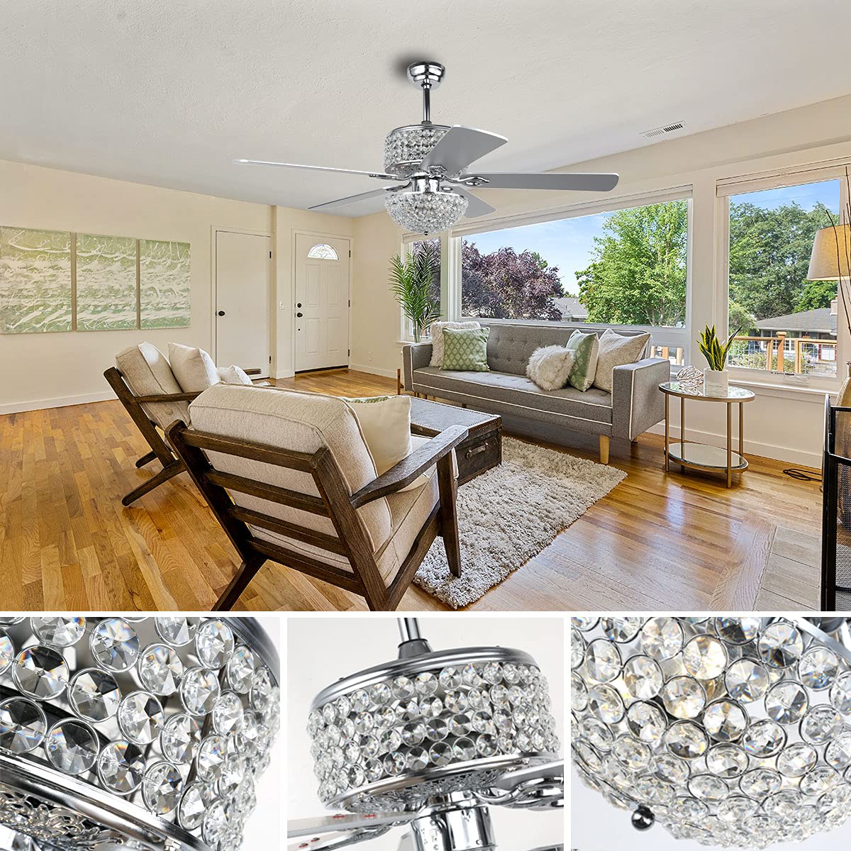 Crystal Ceiling Fan with Lights, 52” Modern Chandelier Fan with Remote Control, Quiet Fandelier with Reversible Dual Finish Blades, Indoor Fan Perfect for Living Room Dining Room, Bedroom, Silver 