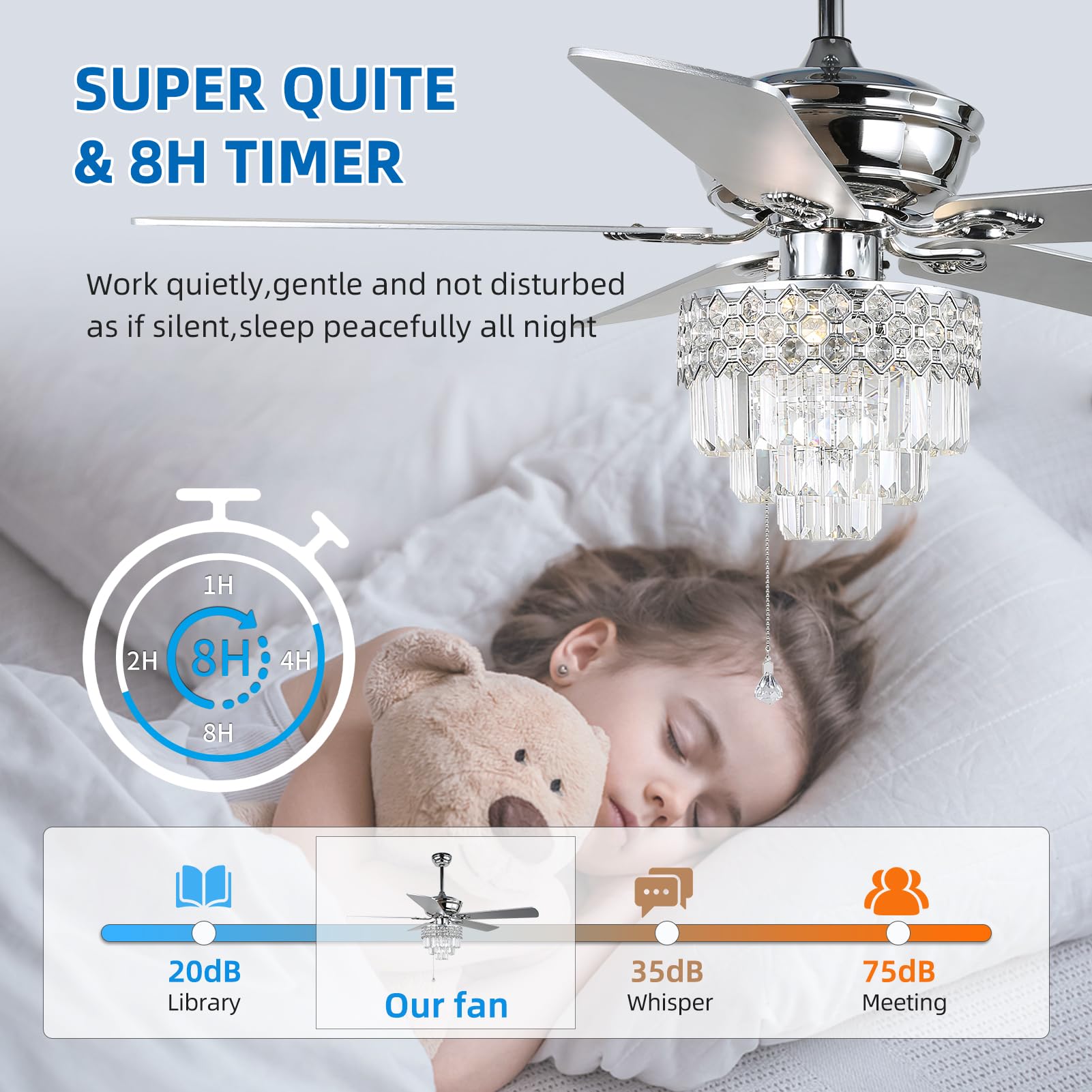 52″ Crystal Ceiling Fan with Lights and Remote Control, Modern Chandelier Fan with Dual Finish Reversible Blades, Quiet Indoor Fanderlier for Living Room, Dining Room, Bedroom
