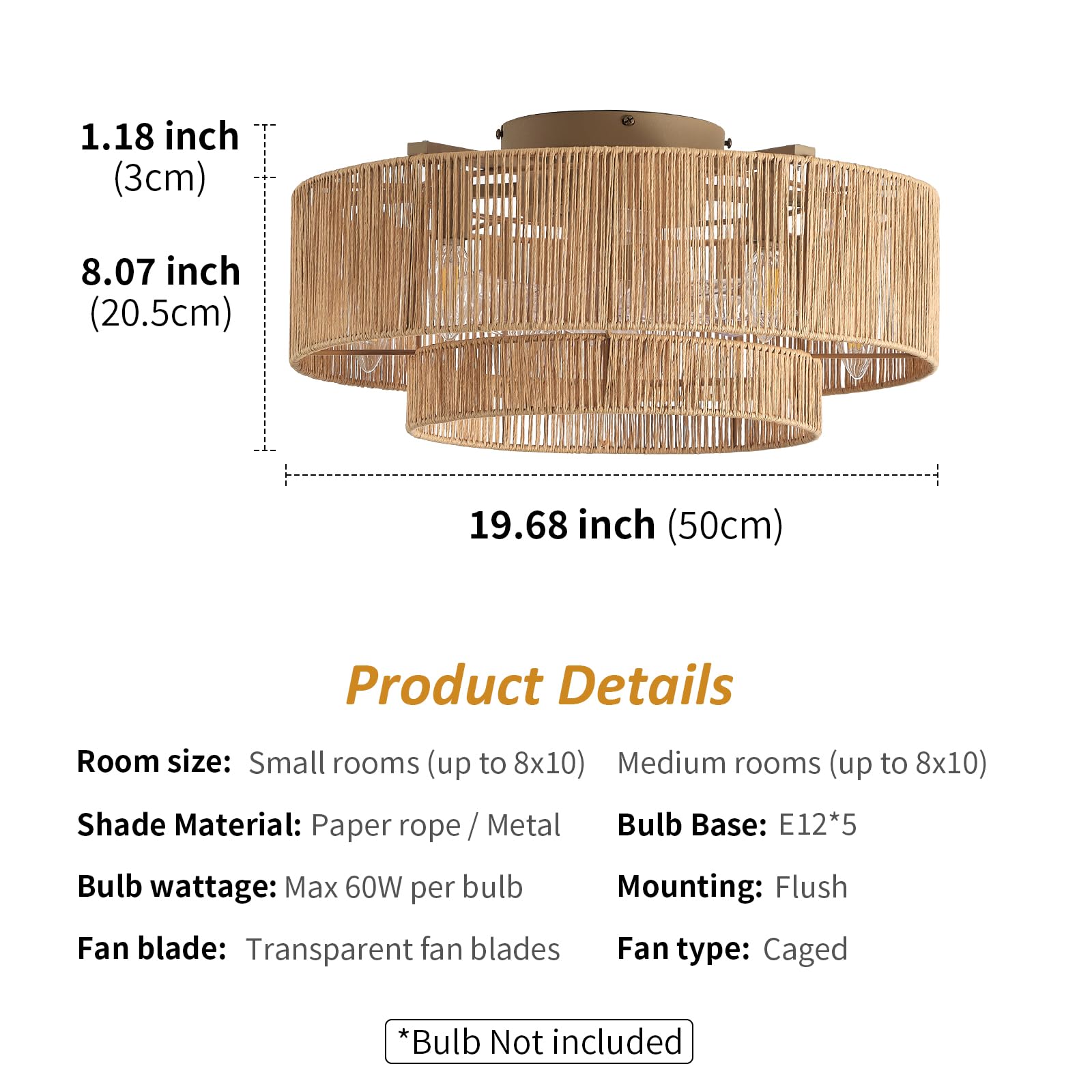 20 Inch Boho Caged Ceiling Fans with Lights Flush Mount, Layered Rattan Ceiling Fan with Light Remote Control with Reversible 6 Speeds for Bedroom, Nursery, Living Room, E12 Base