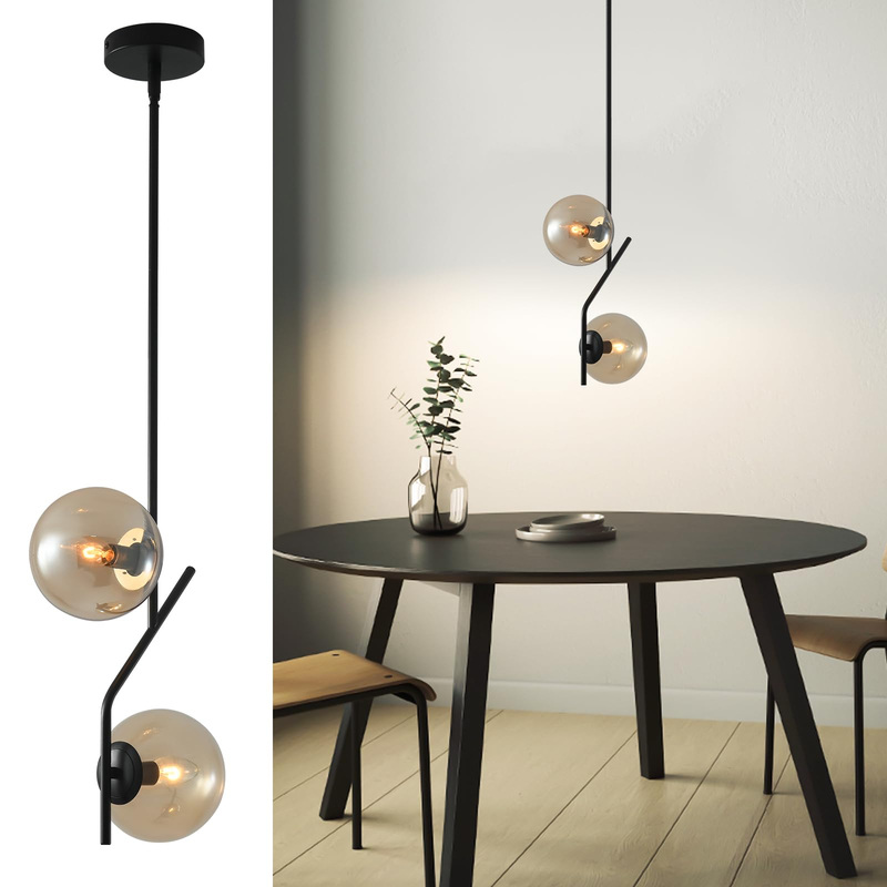 Pendant Light with Amber Glass Lampshade Mid Century Pendant Light Fixture Modern Chandelier for Kitchen Island,Bedroom,Dining Room 