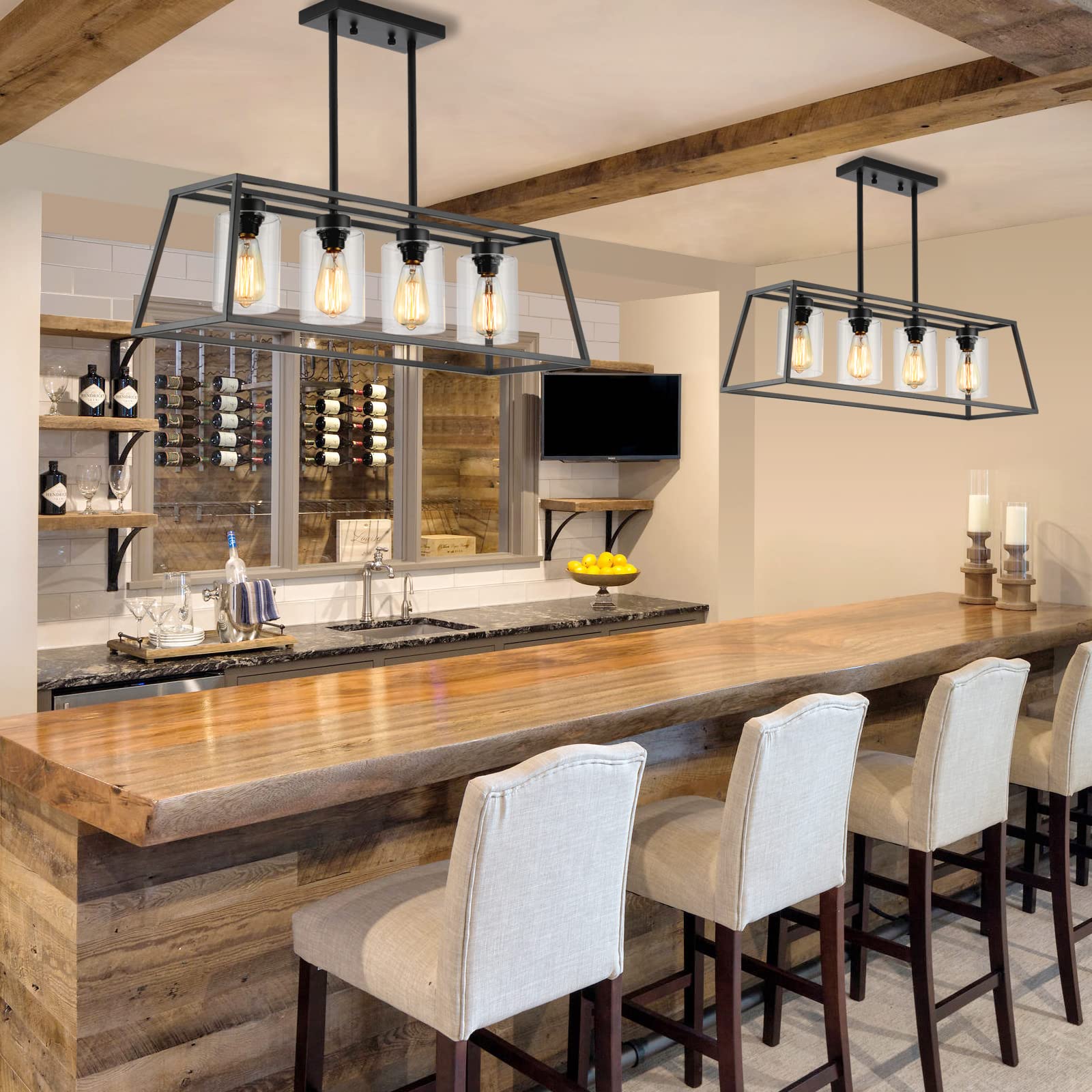 Dining Room Light Fixtures Over Table, Black Farmhouse Chandeliers for Dining Room 4/5/6-Lights with Cylinder Clear Glass, Apply to Rectangle Chandelier for Kitchen Island Bar Cafe 