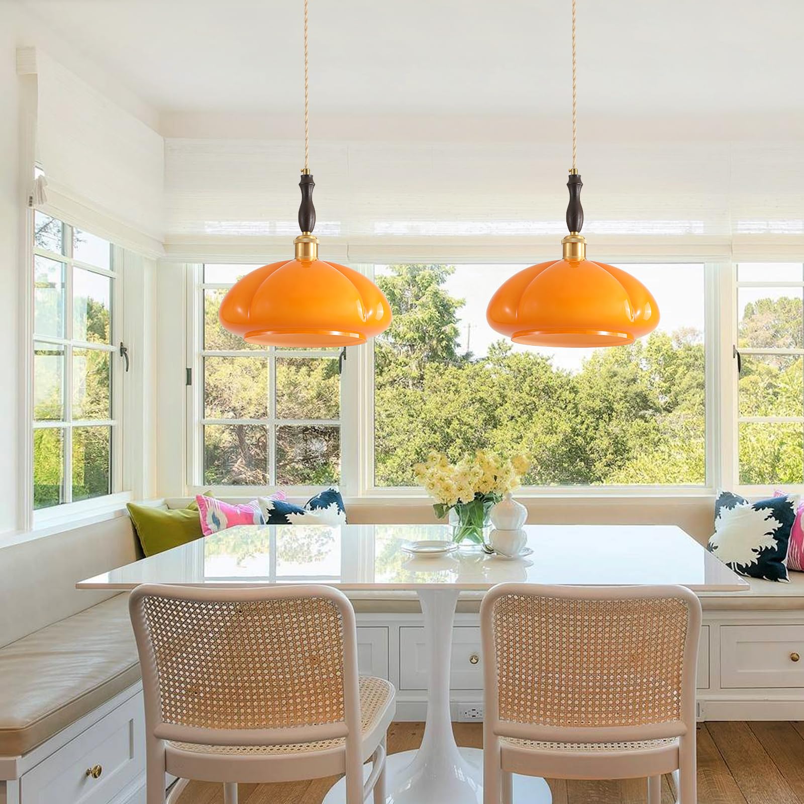 Glass Antique Gold Plug in Pendant Light Fixture with 14ft Handmade Woven Light Cord, Dimmable Switch, Vintage Orange Glass Round Brass Hanging Lamp for Kitchen Island Farmhouse Dining Room 
