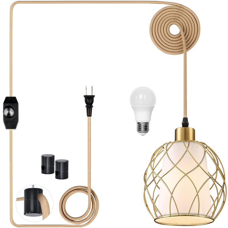 Plug in Pendant Light,Hanging Light with Plug in Cord,Black Hanging Lamp with Dimmable Switch,15 ft Golden Cotton Cord,Hanging Light Fixture for Kitchen Living Room Bedroom (Bulb Included) 