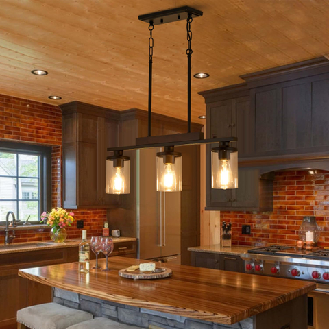 Wood Island Light for Kitchen/Restaurant,3/4/5/6-Light Farmhouse Dining Room Fixture/Chandelier Over Table/Bar,Matte Black Industrial Linear Pendant Lighting Fixtures Ceiling Hanging with Glass Shade-