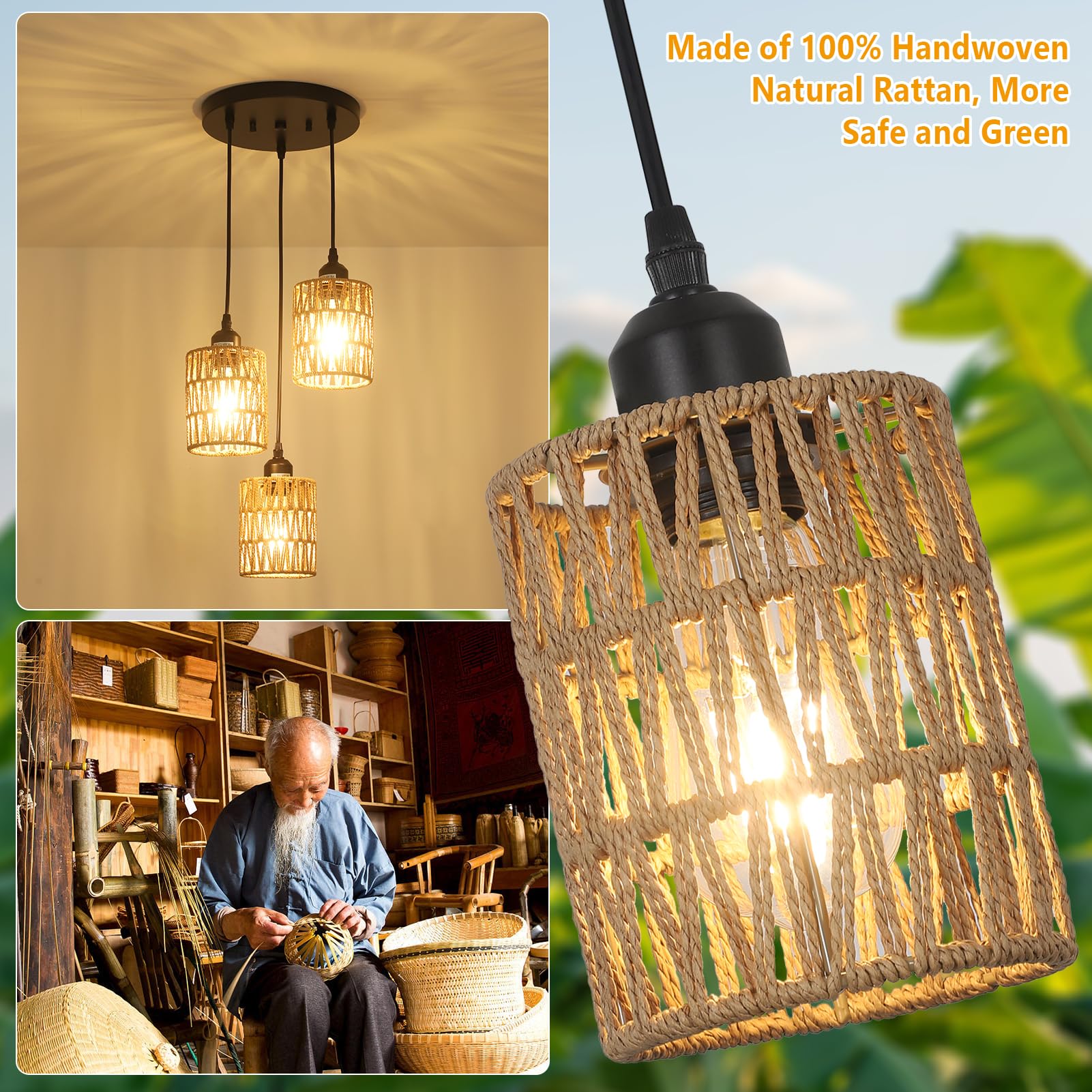 3 Lights Rattan Pendant Light, Farmhouse Dining Room Light Fixtures Ceiling Hanging, Boho Pendant Lighting with Hand Woven Wicker Shades for Kitchen Island Living Room Bedroom Foyer Hallway 