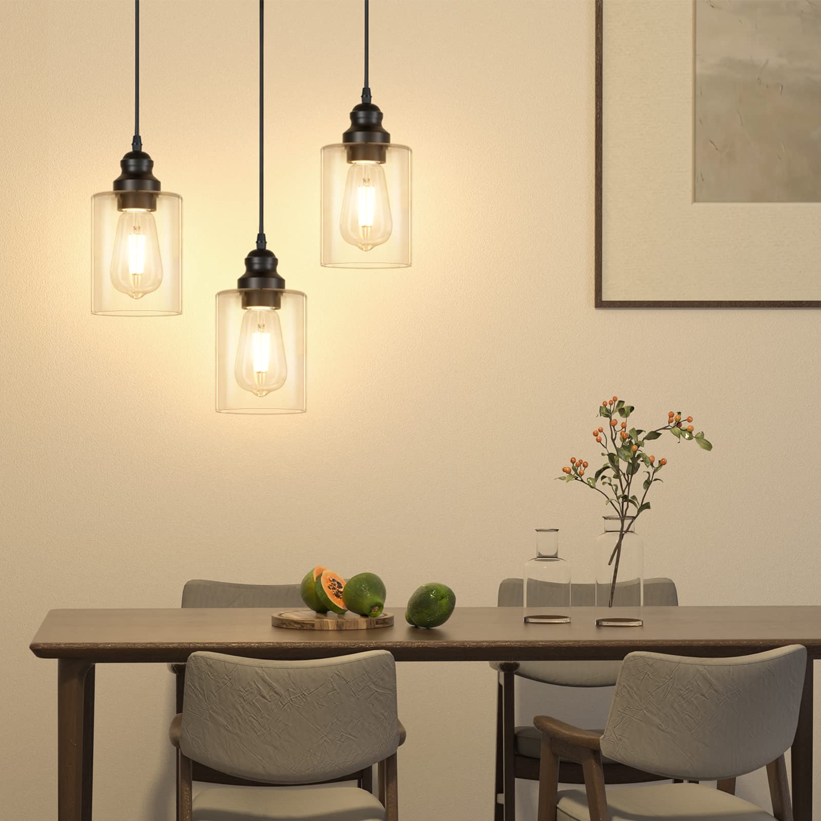 Hanging Pendant Lighting Fixtures, Adjustable Black Hanging Ceiling Lamp with Clear Glass Shade, Modern Pendant Light for Kitchen Island, Dining Room, Bedroom, Hallway 