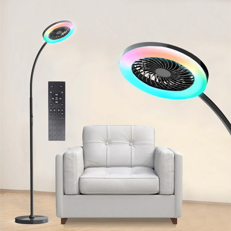  Floor Lamp with Fan Fan Light with RGB 18w/1500lm LED Floor Famp, Stepless Adjustable 3000K-6000K Color and Dimmer, Remote and Button Control, Adjustable Gooseneck Gloor Lamp 