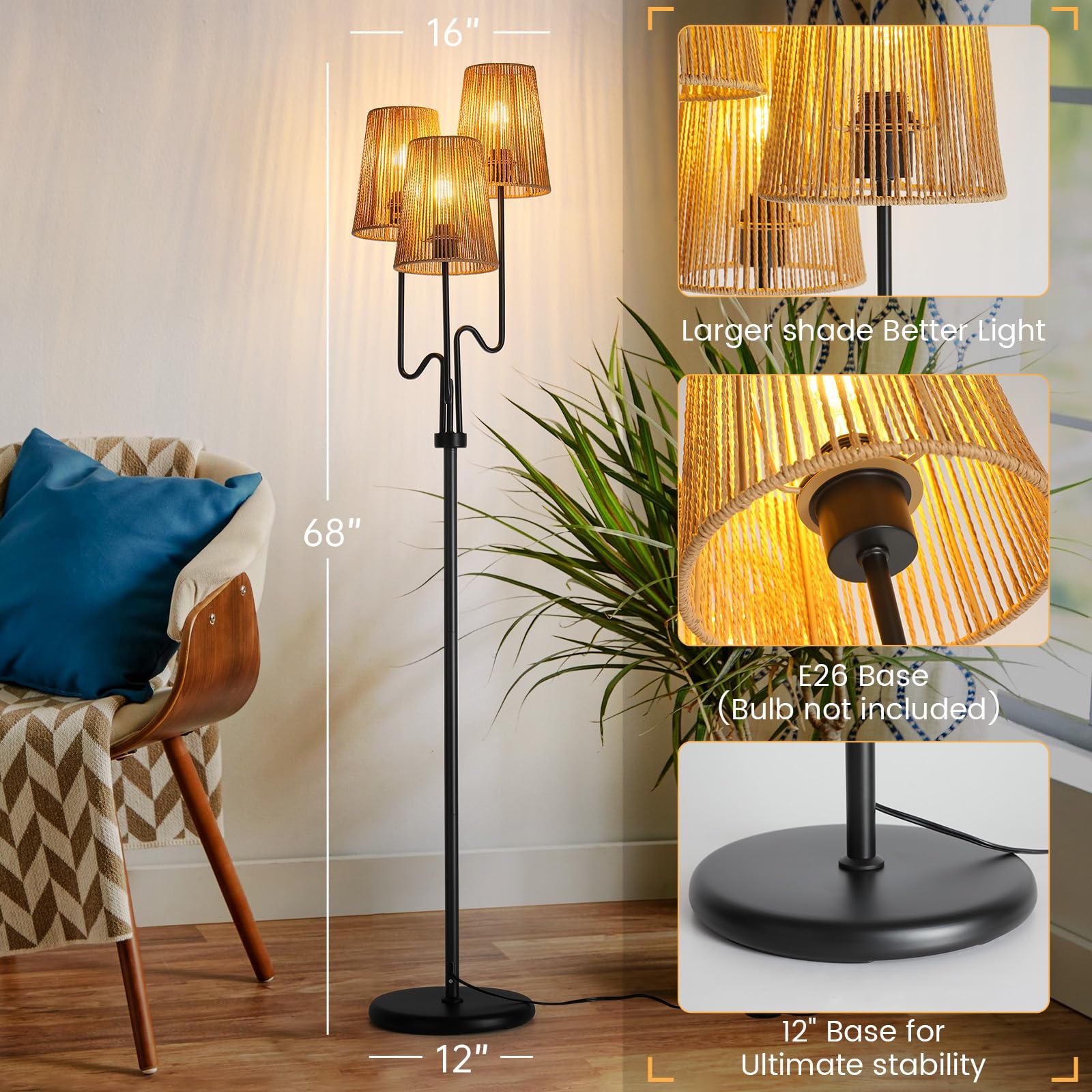 Boho Floor Lamp, 68in. Rattan Floor Lamp with Rattan Shade,3 Light Tree Standing Lamp for Bedroom,Nursery,E26 Socket, Living Room Floor Lamp for Rustic,Beach or Bohemian Decor