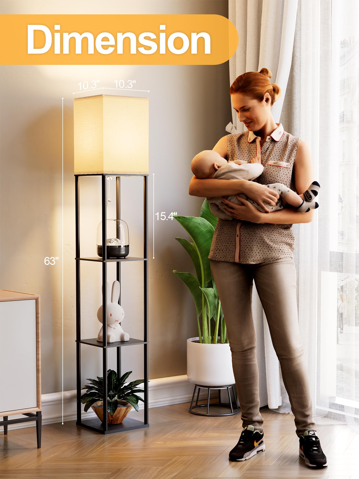 Floor Lamp with Shelves for Living Room, Shelf Floor Lamp with 3 CCT LED Bulb, Corner Display Standing Column Lamp Organizer Tower Nightstand with White Linen Shade for Bedroom, Office 