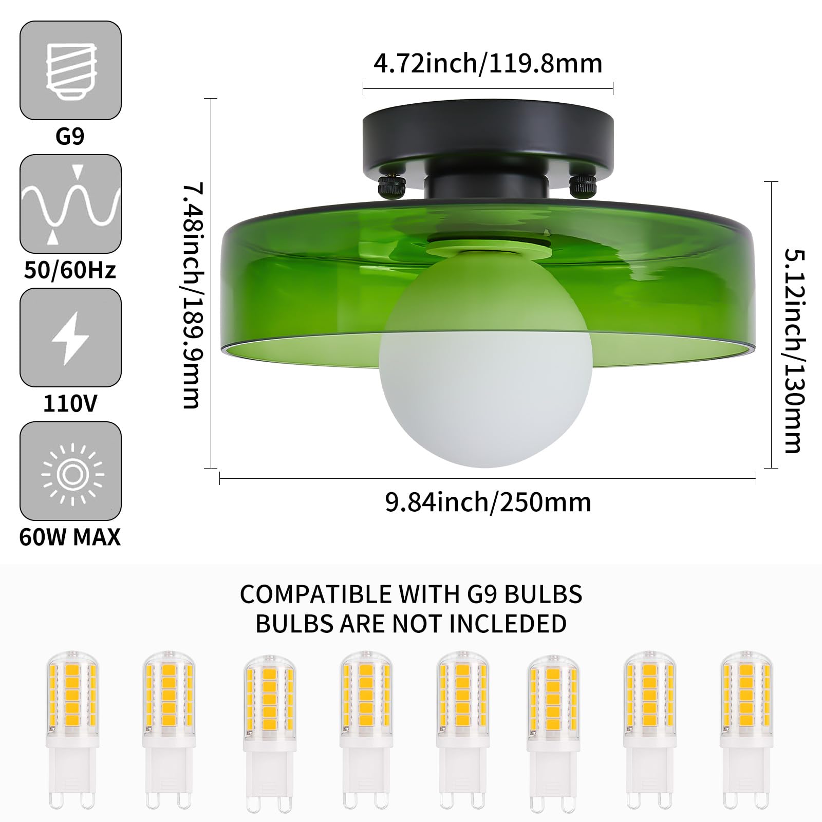Mid Century Glass Semi Flush Mount Ceiling Light with Milk Globe Nordic Modern Green Hallway Lighting Fixtures Round Bedside Wall Mount Lamp for Bedroom Cloakroom Stairway 