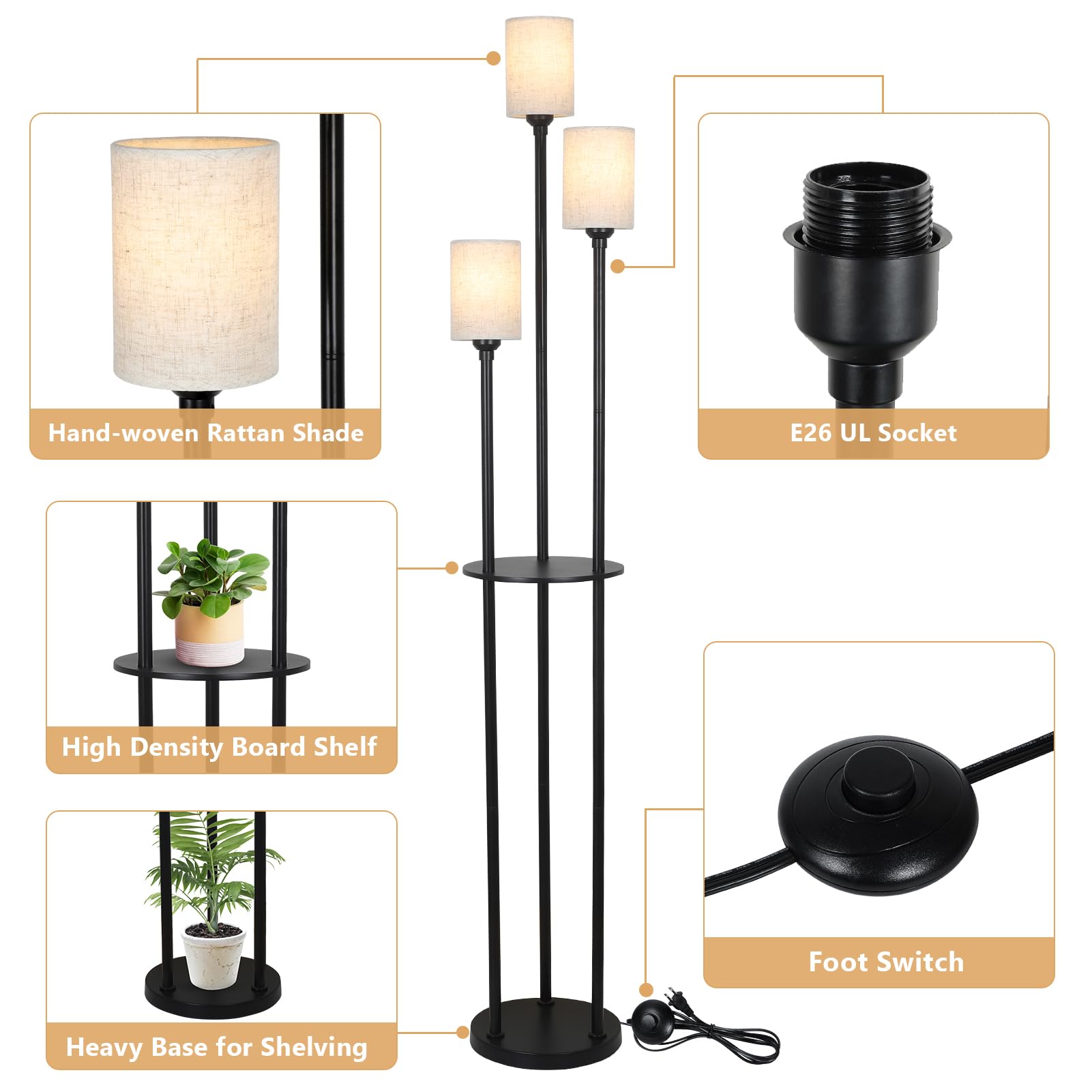 Floor Lamp with Shelves, Modern Floor Lamps for Living Room, 3-Lights Standing Lamp with Linen Shade and Foot Switch, Industrial Standing Lamps for Bedroom, Black Tall Table Lamp for Office 