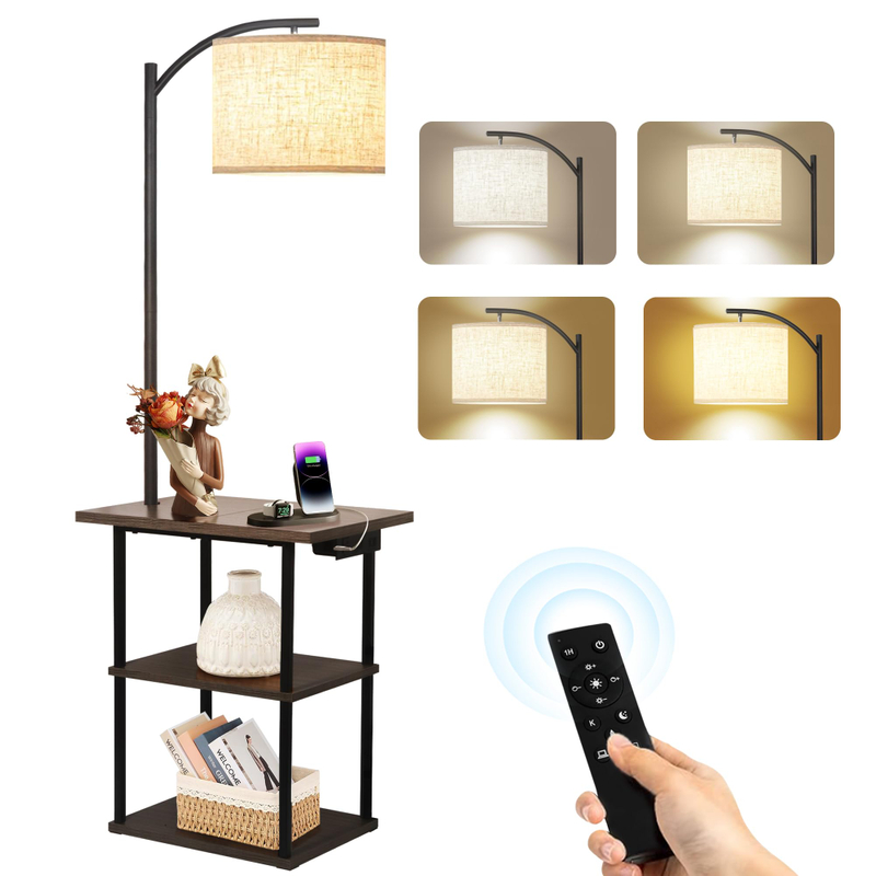 Floor Lamp with Table, End Table with Charging Station, 3 Color Temperatures 9W LED Bulb, Modern Shelves Side Table for Bedroom, Living Room