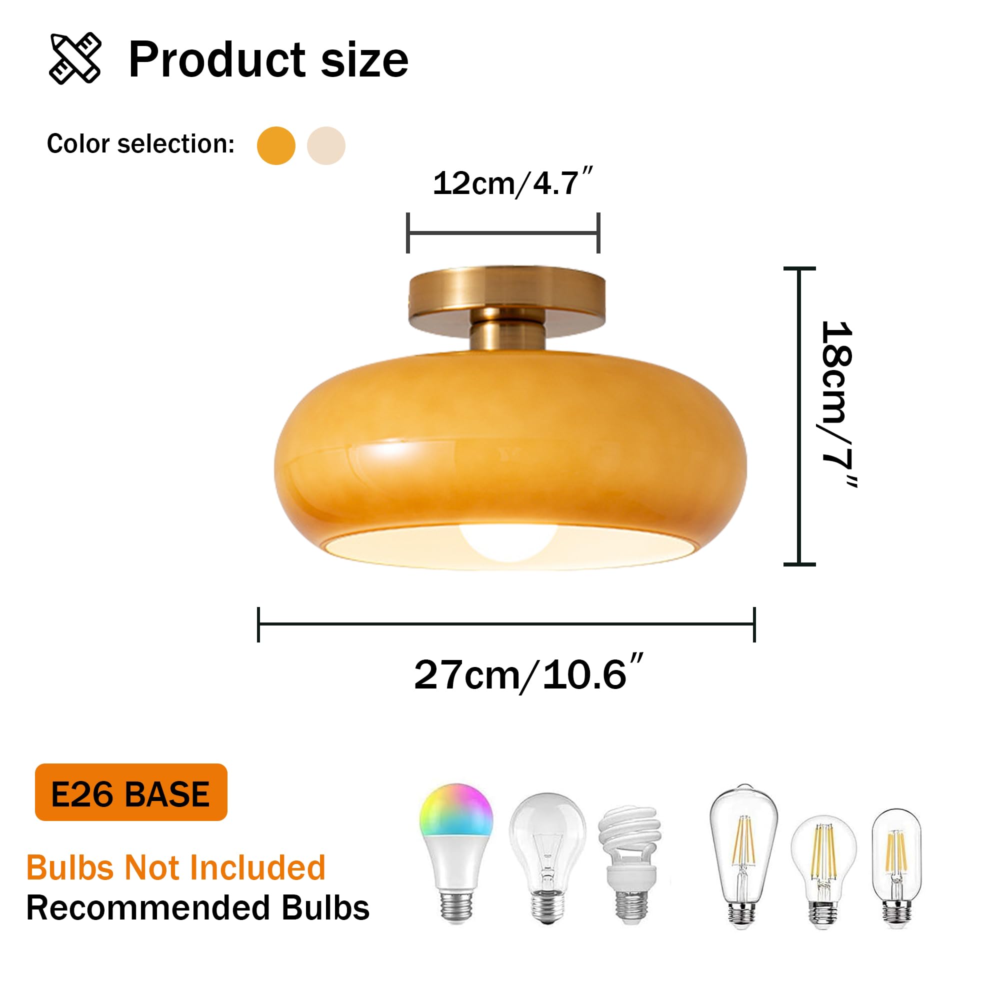 Semi Flush Mount Ceiling Light Fixture Gold Mid Century Modern Ceiling Lighting with Orange Dome Glass Shade Hallway Light Fixtures Ceiling Lamp for Bedroom Living Dining Room Kitchen 
