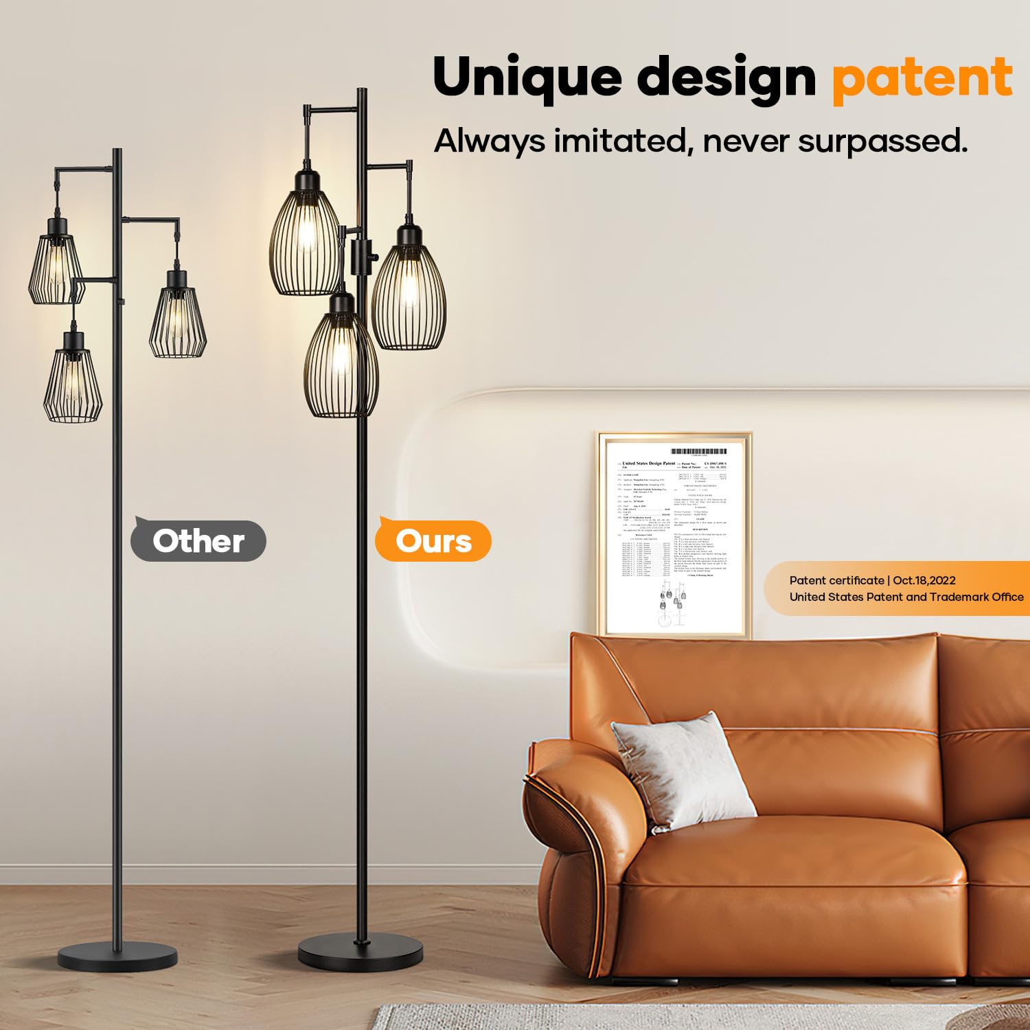 Dimmable Floor Lamp,Farmhouse Industrial Floor Lamp Standing Tree Lamp with Elegant Teardrop Cage Tall Lamps for Living Room Bedroom Office Dining Room 