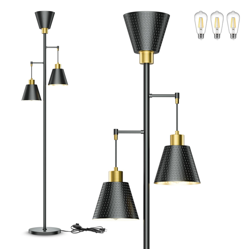 Floor Lamps for Living Room - Black Floor Lamp with Cage Shade 70'' Standing Lamps for Living Room Corner Floor Lamp with 3 LED Bulbs Rustic Floor Lamp