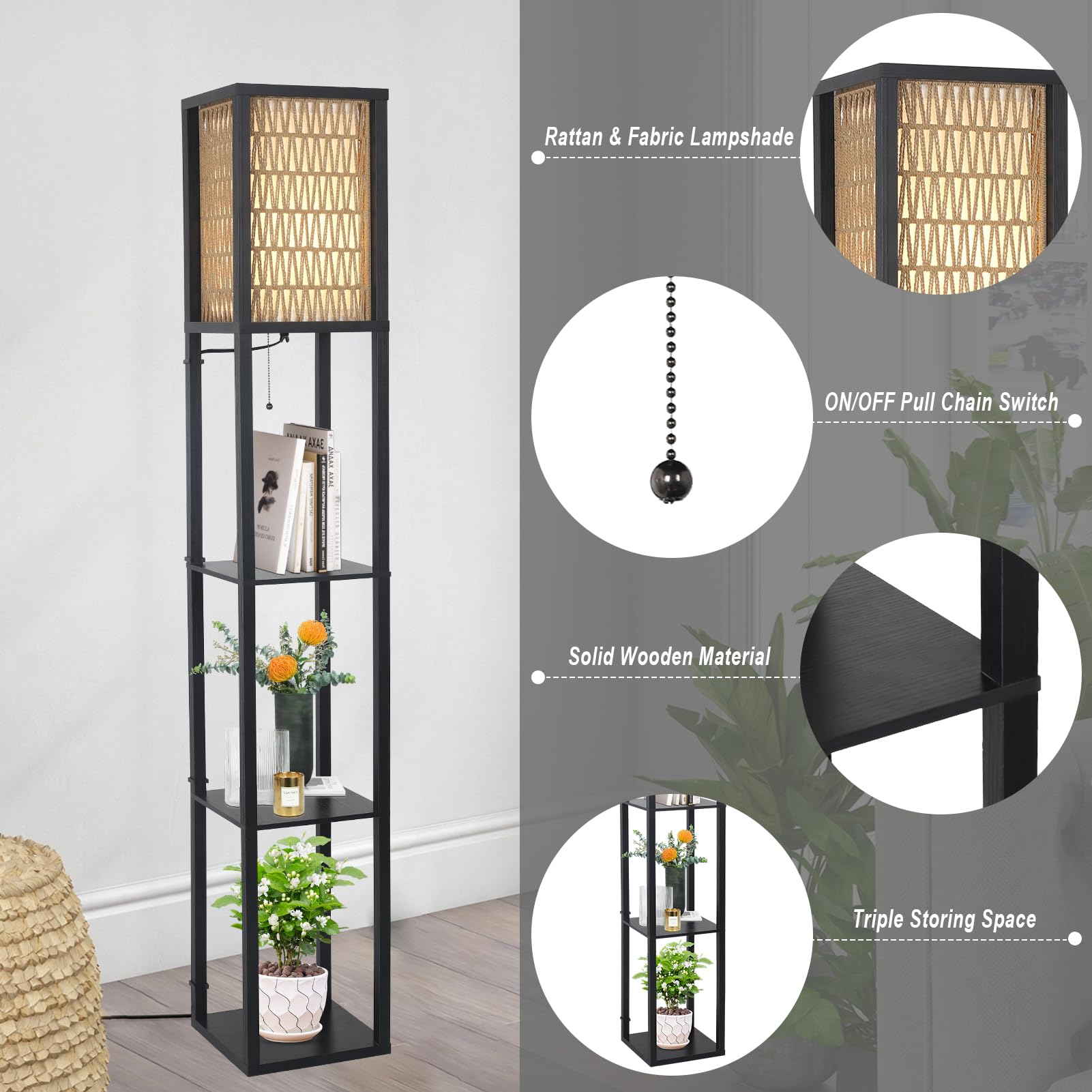 Floor Lamp with Shelves, Corner Floor Lamps for Living Room, Boho Floor Lamp with LED Bulb & Double Shades, Rattan Standing Lamp for Bedroom Office, Shelf Tall Lamp for Storage Display, Home Decor 
