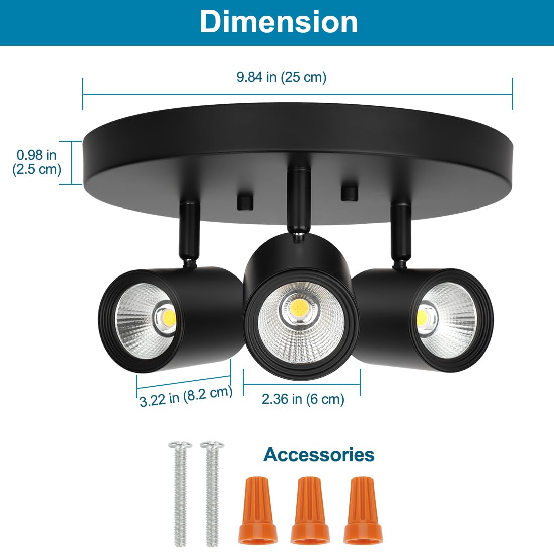 5CCT 3-Light Multi Directional LED Track Light, 3 Head Semi Flush Mount Ceiling Light, 2700/3000/3500/4000/5000K Selectable, 15W Dimmable Black LED Ceiling Spotlight for Kitchen, Hallway
