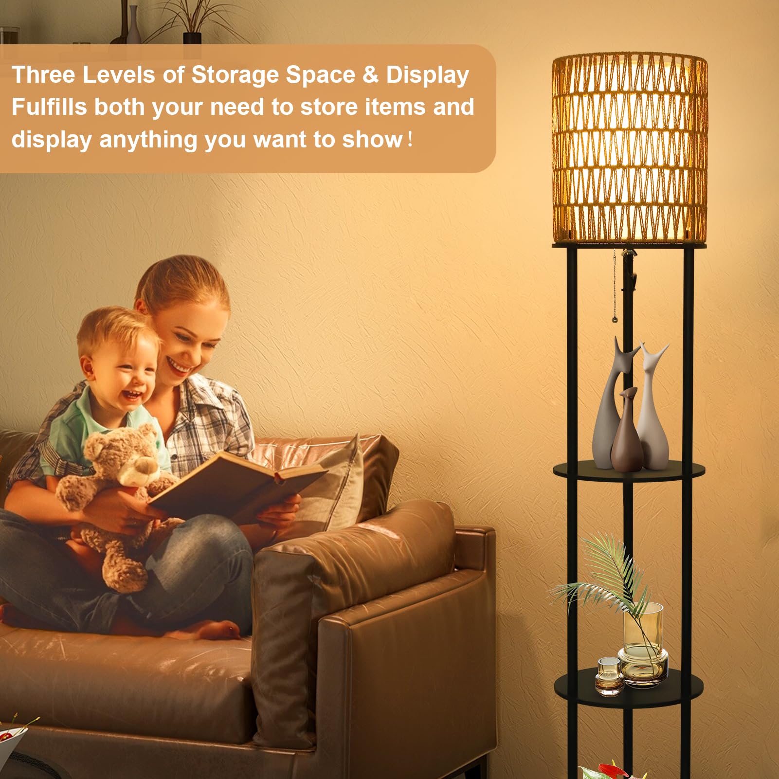 Floor Lamp with Shelves, Corner Floor Lamps for Living Room, Boho Floor Lamp with Double Shades, Rattan Standing Lamp for Bedroom Office, Shelf Tall Floor Lamp for Storage Display