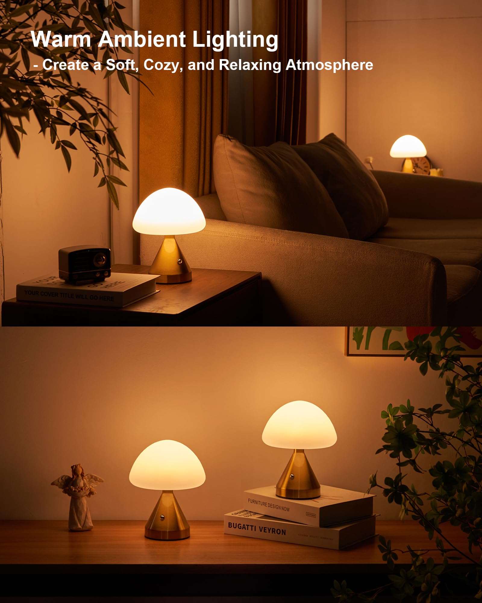 Cordless Small Mushroom Lamp, Rechargeable Battery Operated Table Lamp for Restaurant Bar Dining Table, Touch Dimmable Cute Bedside Night Light, Portable Outdoor Table Lamp for Patio Home Bedroom 
